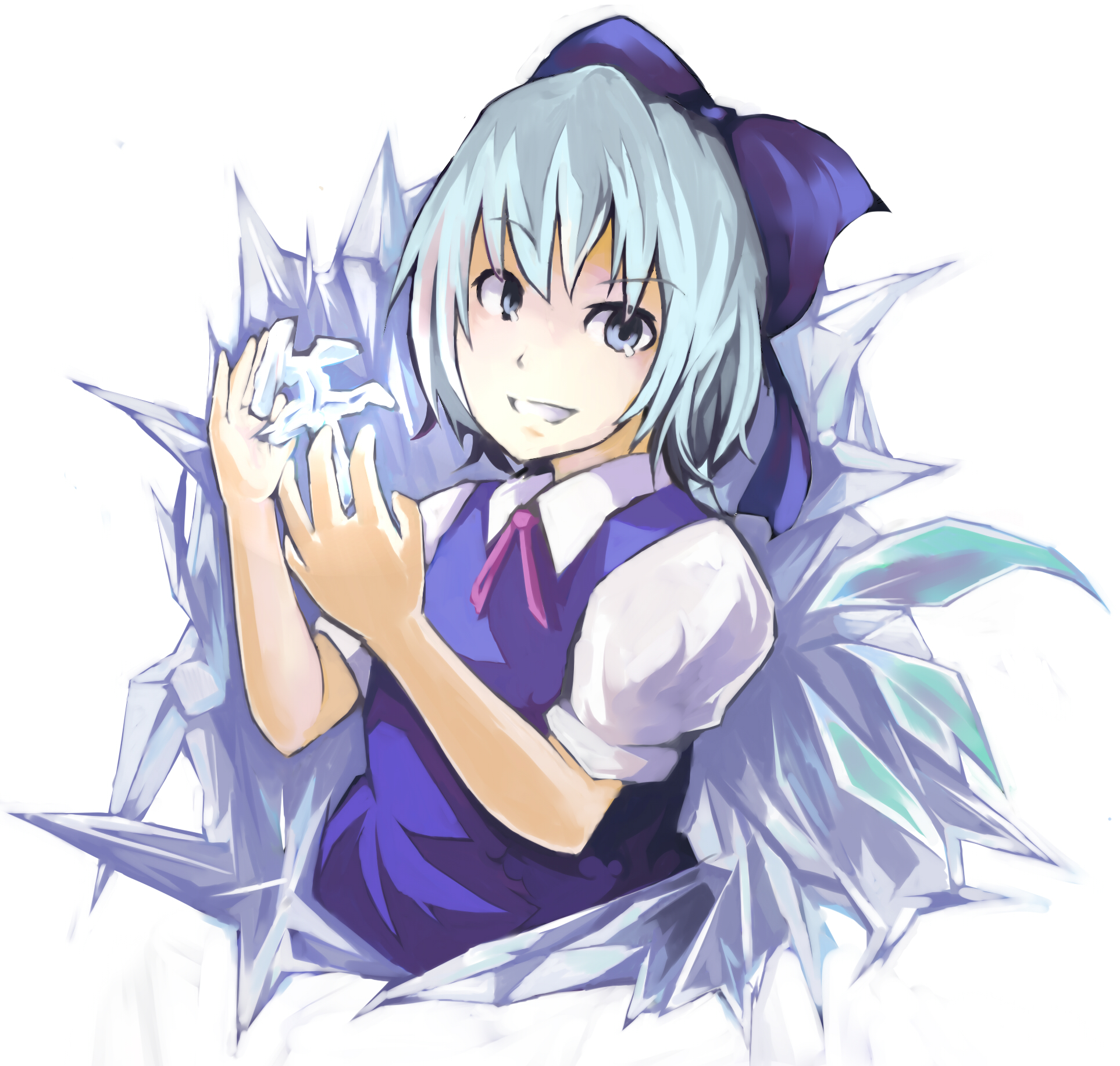 tami (nekoneto), cirno, embodiment of scarlet devil, touhou, highres, 1girl, blue eyes, blue hair, bow, female focus, grin, ice, matching hair/eyes, ribbon, short hair, smile, solo, upper body, white background