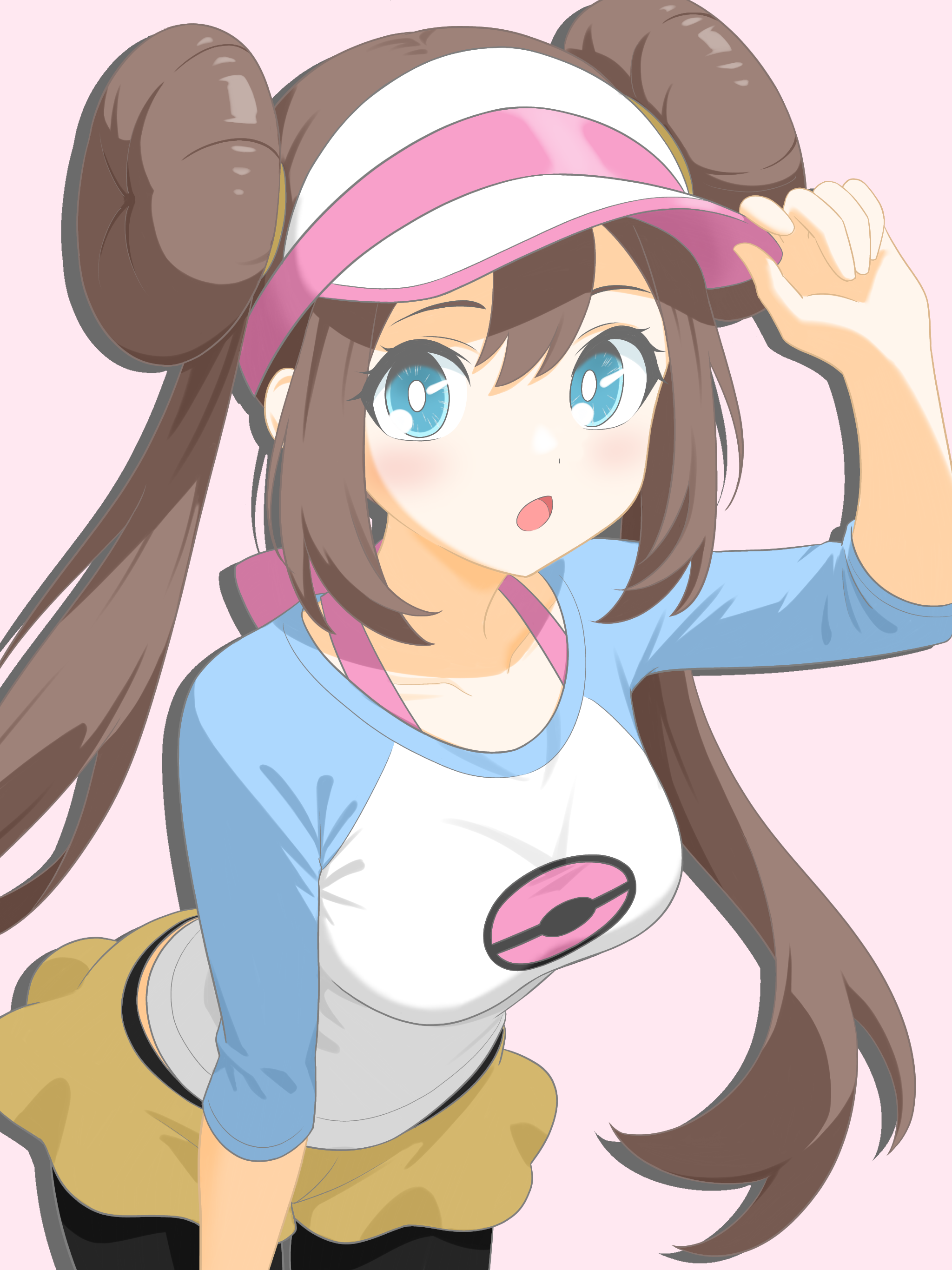 majikichi915, rosa (pokemon), nintendo, pokemon, pokemon bw2, absurdres, highres, revision, 1girl, :o, black pantyhose, blue eyes, breasts, bright pupils, brown hair, double bun, eyelashes, hair bun, hand on headwear, hand up, looking at viewer, medium breasts, open mouth, pantyhose, raglan sleeves, shirt, short shorts, shorts, simple background, solo, three-quarter sleeves, twintails, visor cap, white pupils, yellow shorts