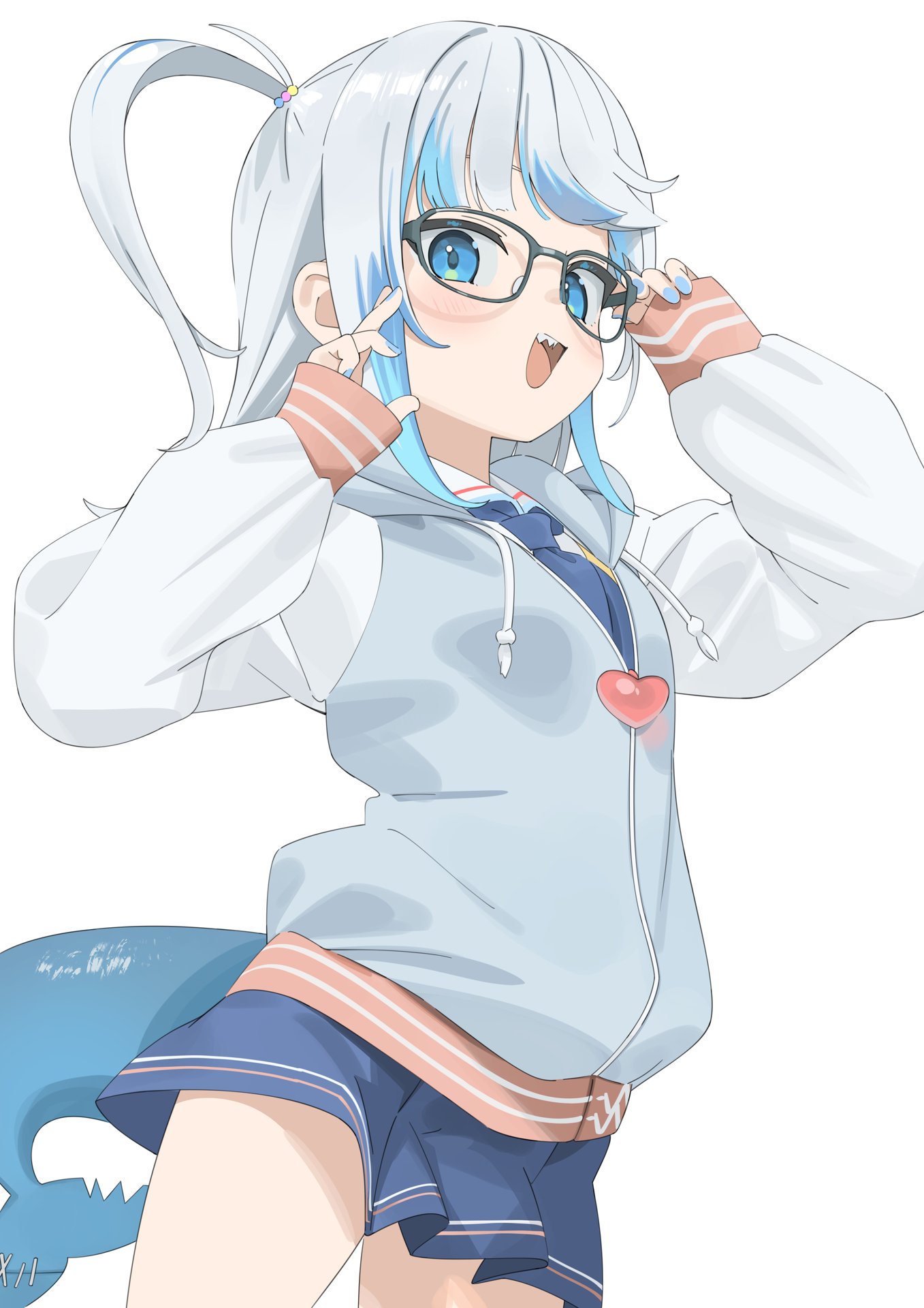 koyo2023, gawr gura, gawr gura (school uniform), hololive, hololive english, highres, 1girl, adjusting eyewear, bespectacled, blue eyes, blue hair, blue hoodie, blue nails, blue necktie, blue skirt, blunt bangs, blush, fins, fish tail, glasses, grey hair, hood, hoodie, jacket, long hair, long sleeves, looking at viewer, multicolored hair, nail polish, necktie, one side up, open mouth, shark girl, shark tail, sharp teeth, simple background, skirt, sleeves past wrists, smile, solo, streaked hair, tail, teeth, upper teeth only, virtual youtuber, white background