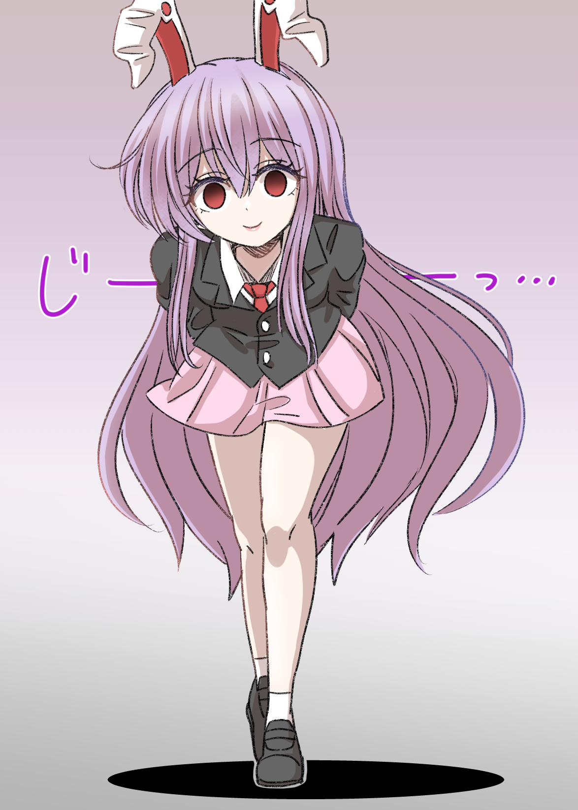 erakokyu01, reisen udongein inaba, touhou, commentary request, highres, 1girl, animal ears, arms behind back, black jacket, black shoes, crazy smile, eyelashes, full body, jacket, leaning forward, loafers, long hair, looking at viewer, necktie, pink hair, pink skirt, rabbit ears, rabbit girl, red eyes, red necktie, shirt, shoes, skirt, smile, socks, solo, white shirt, white socks
