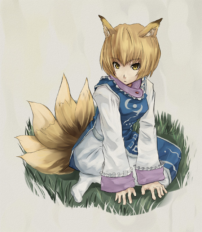 akino komichi, yakumo ran, touhou, bad id, bad pixiv id, 1girl, animal ears, blonde hair, female focus, fox ears, fox tail, grass, kitsune, kyuubi, long sleeves, multiple tails, no headwear, short hair, sitting, socks, solo, tail, wide sleeves, yellow eyes