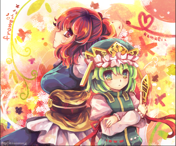 kirero, onozuka komachi, shiki eiki, touhou, 2girls, crossed arms, english text, engrish text, flower, green eyes, multiple girls, ranguage, red eyes, rod of remorse