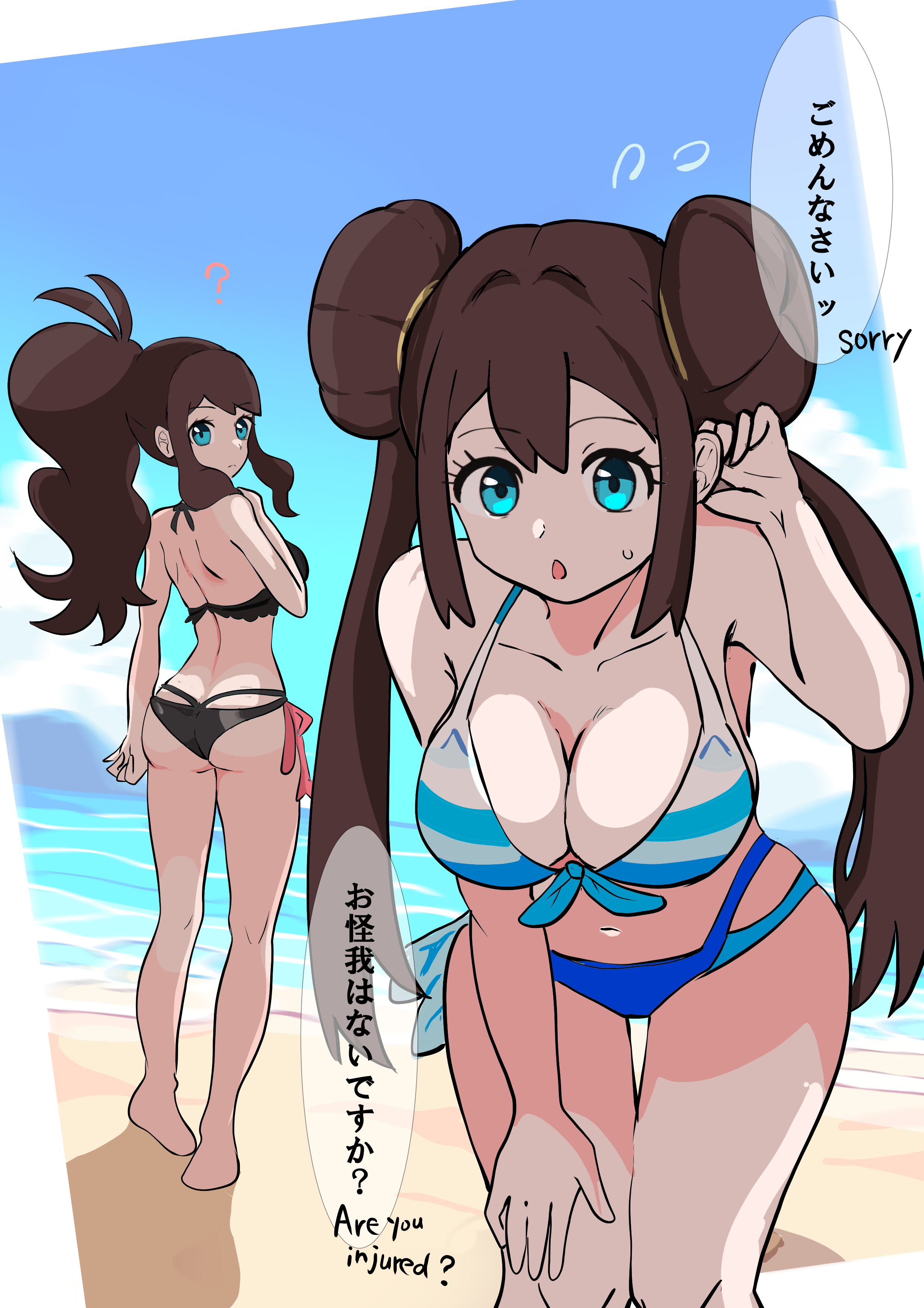 makademia, hilda (pokemon), rosa (pokemon), nintendo, pokemon, pokemon bw, pokemon bw2, absurdres, highres, 2girls, ?, alternate breast size (larger), beach, bikini, bilingual text, black bikini, blue eyes, breasts, brown hair, day, double bun, english text, hair bun, long hair, looking at viewer, mixed-language text, multiple girls, navel, ocean, open mouth, ponytail, speech bubble, swimsuit, twintails