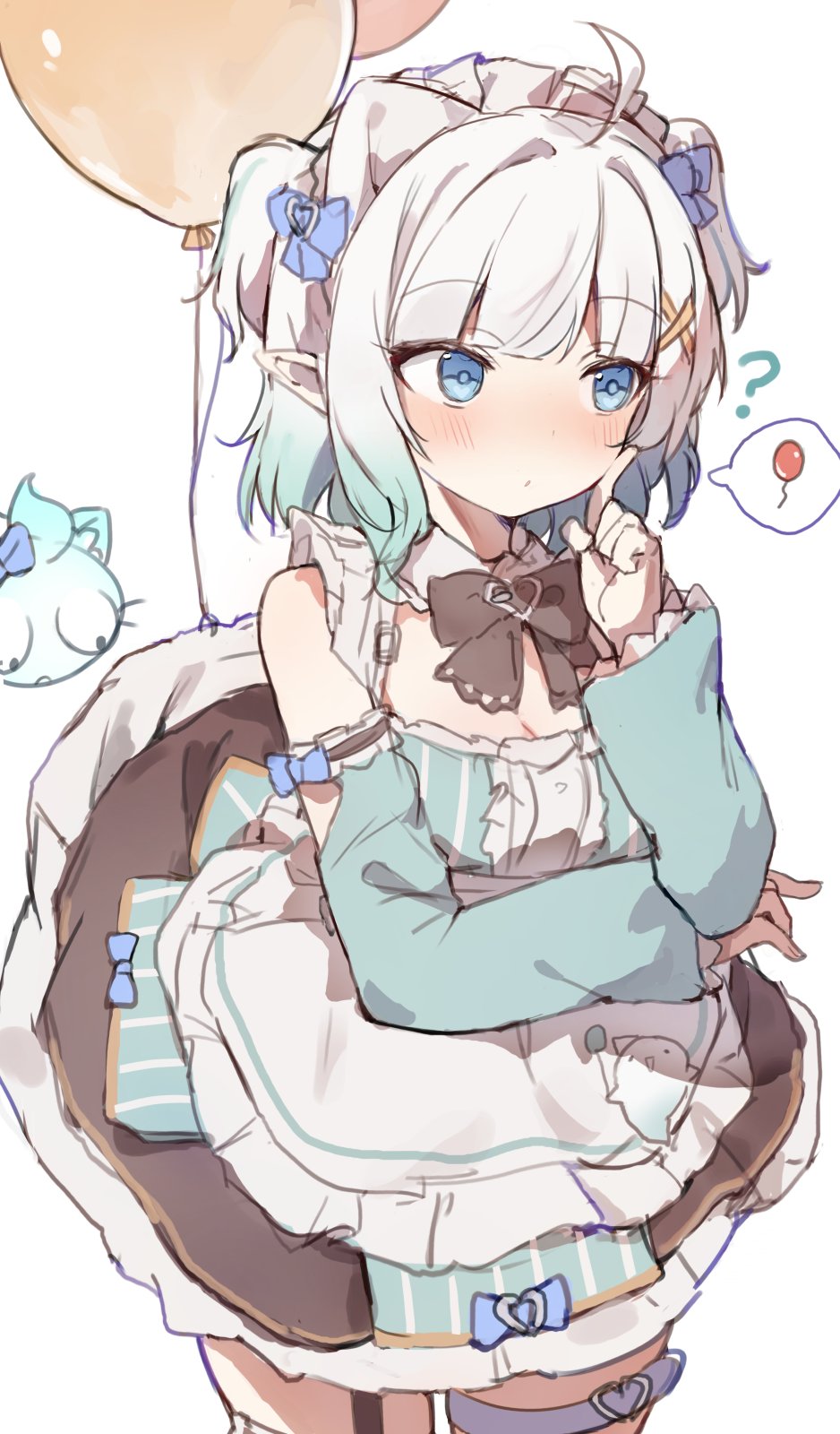 orobou, mint fantome, mint fantome (minto 2.0), wisps (mint fantome), indie virtual youtuber, highres, paid reward available, 1girl, ?, ahoge, balloon, black bow, blue bow, blush, bow, breasts, cleavage, closed mouth, clothes lift, detached sleeves, dress, dress lift, finger to cheek, green dress, green hair, hair bow, large breasts, long hair, looking at another, medium hair, multicolored hair, short twintails, simple background, solo focus, speech bubble, standing, thigh strap, twintails, virtual youtuber, white background, white hair