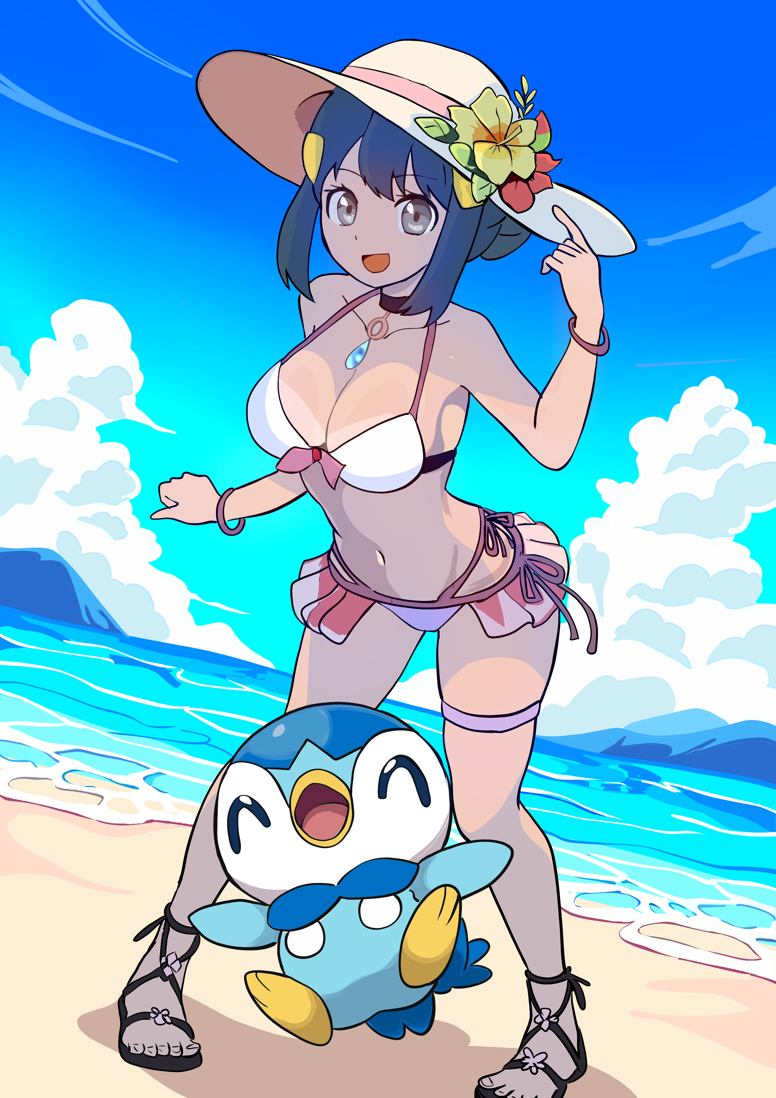 makademia, dawn (pokemon), piplup, nintendo, pokemon, pokemon dppt, absurdres, highres, 1girl, alternate costume, alternate hairstyle, beach, beak, bikini, black choker, blue hair, blue sky, bracelet, breasts, choker, cleavage, cloud, day, flower, gen 4 pokemon, grey eyes, hat, hat flower, hibiscus, jewelry, large breasts, looking at viewer, navel, open mouth, outdoors, pendant choker, pokemon (creature), red flower, sand, sandals, side-tie bikini bottom, sidelocks, sky, sun hat, swimsuit, thigh strap, toes, updo, water, white bikini, white hat, yellow flower