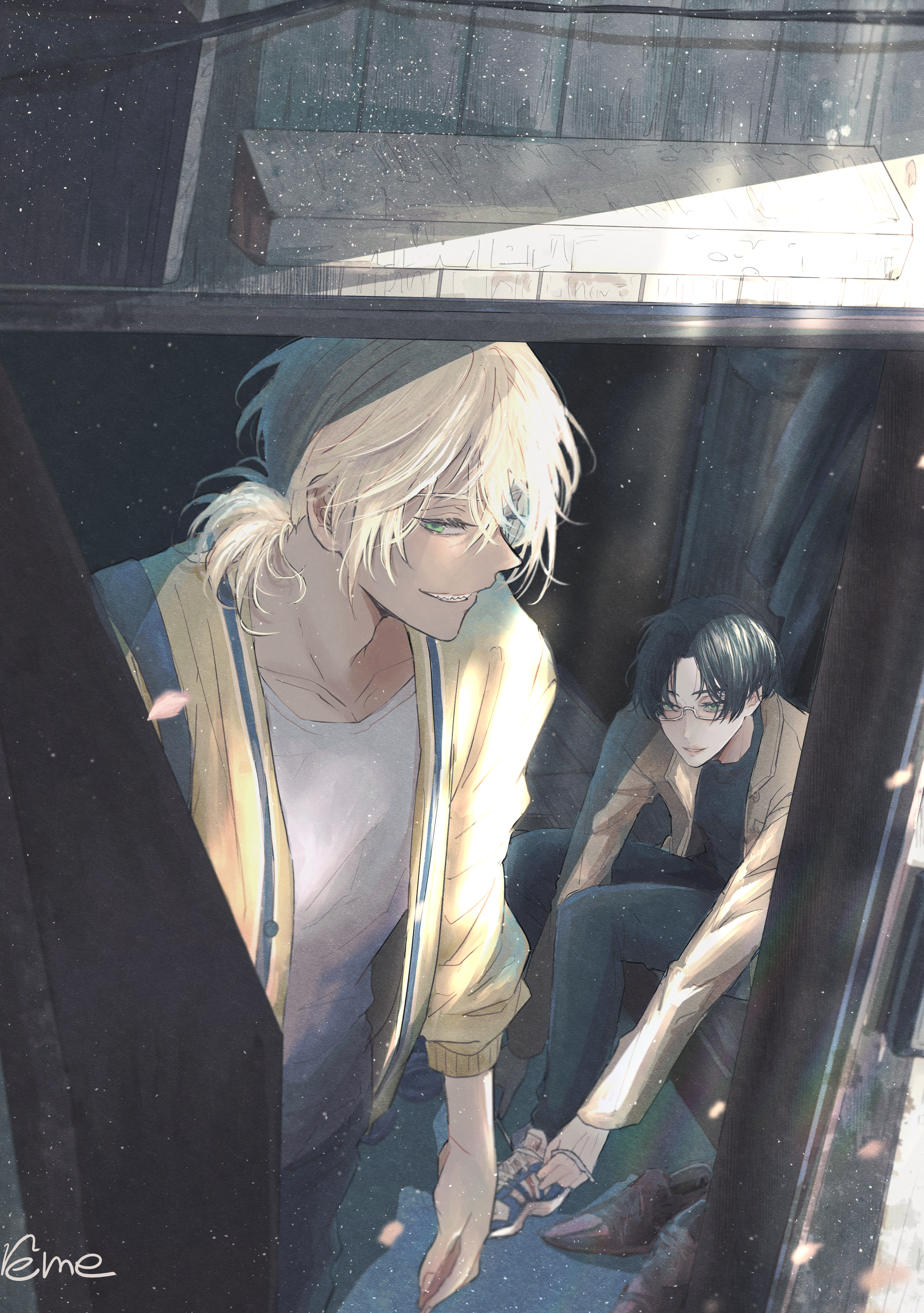 akutsu mabu, niiboshi reo, sarazanmai, absurdres, commentary request, highres, 2boys, black hair, blonde hair, eyelashes, jacket, light particles, long hair, long sleeves, multiple boys, n (warehouse), ponytail, rectangular eyewear, sharp teeth, shirt, shoes, short hair, sneakers, teeth, tying footwear, white shirt, yellow jacket