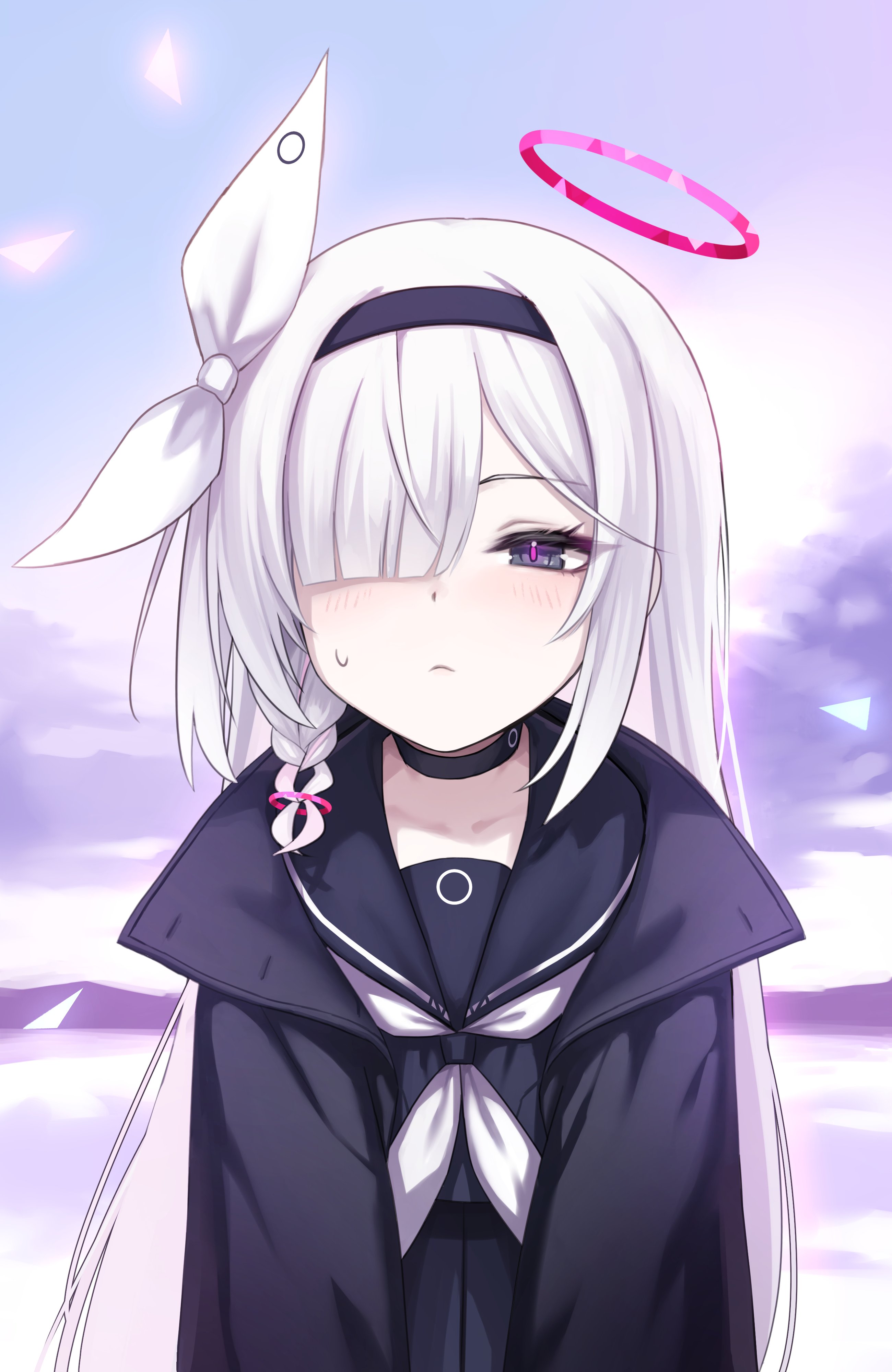 blondy (ldlong), plana (blue archive), blue archive, absurdres, bad id, bad twitter id, highres, 1girl, black choker, black coat, black eyes, black hairband, black sailor collar, black serafuku, blush, braid, choker, closed mouth, coat, eyelashes, hair over one eye, hairband, halo, long hair, looking at viewer, neckerchief, red halo, red pupils, sailor collar, school uniform, serafuku, side braid, single braid, solo, sweat, triangle, upper body, white hair, white neckerchief