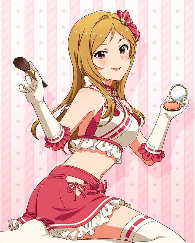 momose rio, idolmaster, idolmaster million live!, idolmaster million live! theater days, official art, 1girl, brown hair, card (medium), concept maihime (idolmaster), frilled skirt, frills, gloves, hair ornament, hand mirror, holding, japanese clothes, makeup brush, mirror, navel, open mouth, red eyes, skirt, solo, thighhighs, white gloves, white thighhighs