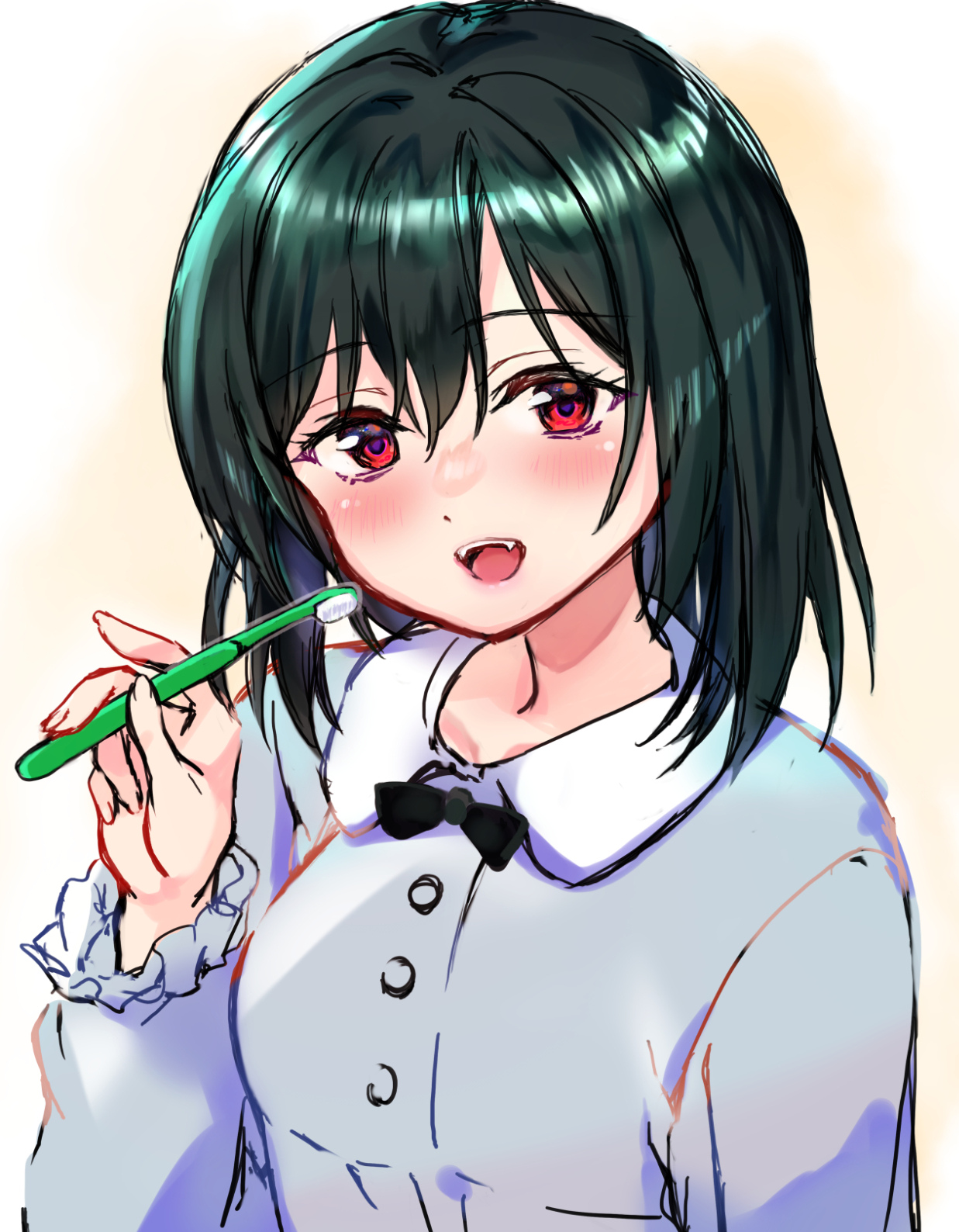 tsujigiri, mifune shioriko, love live!, love live! nijigasaki high school idol club, commentary, highres, 1girl, :d, black bow, black hair, blush, bow, breasts, fangs, frilled sleeves, frills, grey shirt, hair between eyes, holding, holding toothbrush, long sleeves, looking at viewer, medium breasts, medium hair, open mouth, red eyes, rounded collar, shirt, shirt bow, simple background, smile, solo, teeth, toothbrush, upper body, upper teeth only, yellow background