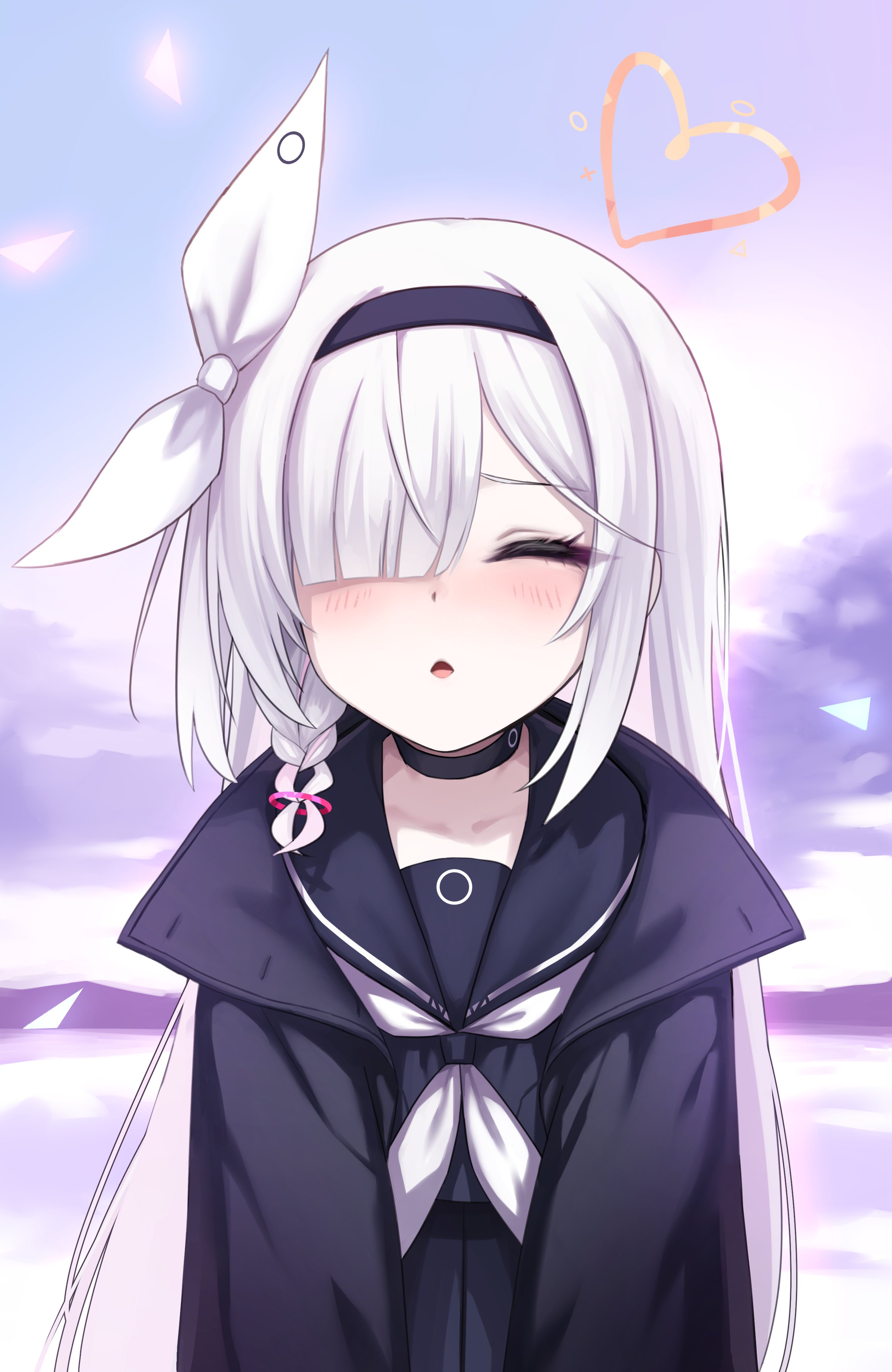 blondy (ldlong), plana (blue archive), blue archive, absurdres, bad id, bad twitter id, highres, 1girl, black choker, black coat, black hairband, black sailor collar, black serafuku, blush, braid, choker, closed eyes, coat, eyelashes, hair over one eye, hairband, halo, heart, heart halo, incoming kiss, long hair, neckerchief, orange halo, parted lips, sailor collar, school uniform, serafuku, side braid, single braid, solo, triangle, upper body, white hair, white neckerchief