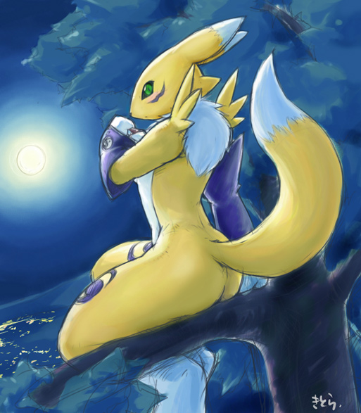 renamon, digimon, animal ears, ass, barefoot, black sclera, blush, body fur, colored sclera, digimon (creature), feet, full moon, furry, furry female, gloves, green eyes, leg tattoo, moon, neck fur, nude, outdoors, soles, solo, tail, tattoo, tree, zenra