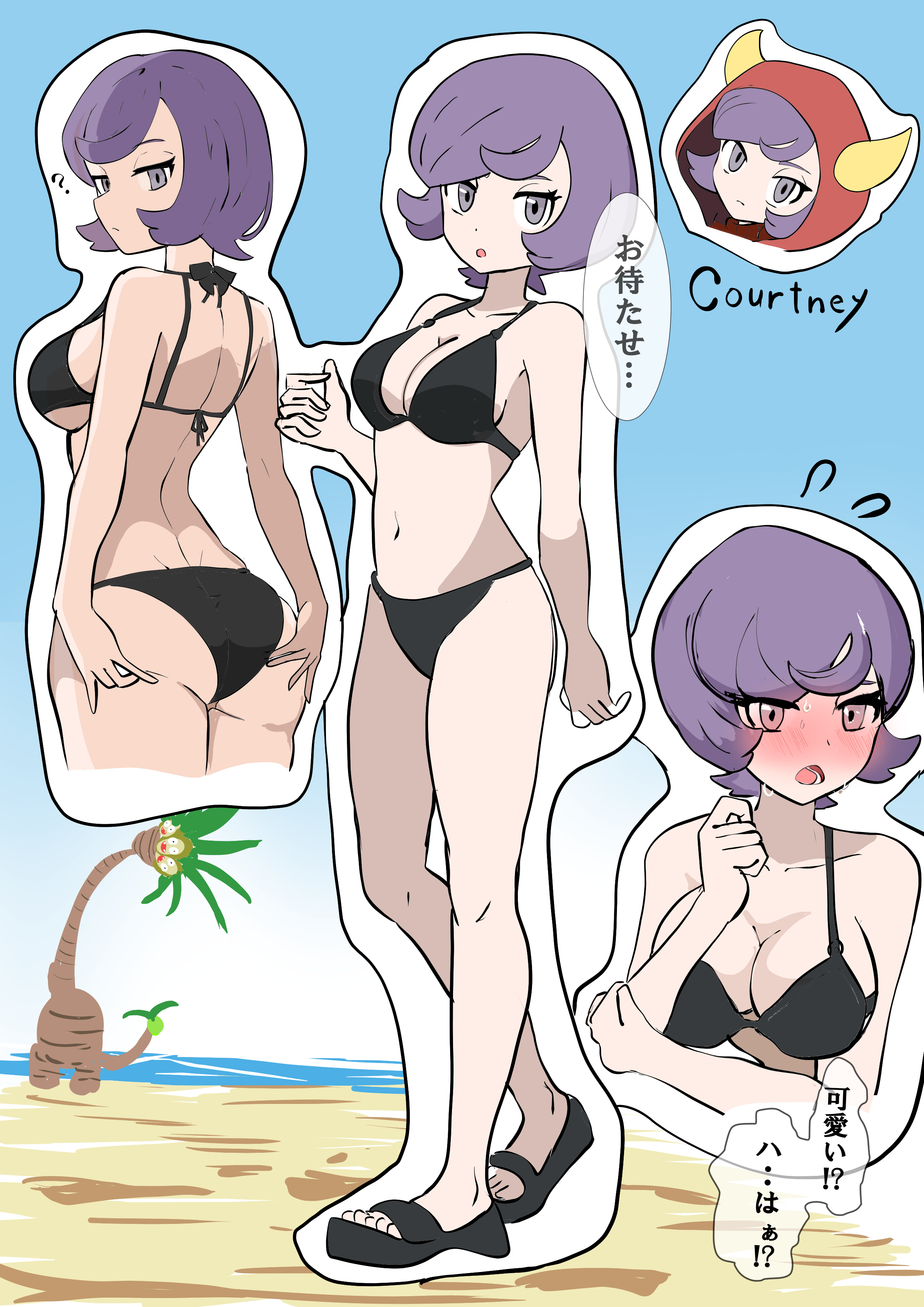 makademia, alolan exeggutor, courtney (pokemon), nintendo, pokemon, pokemon oras, absurdres, highres, translated, 1girl, ?, alolan form, ass, beach, bikini, black bikini, blush, breasts, character name, cleavage, fake horns, flying sweatdrops, gen 7 pokemon, horns, large breasts, looking at viewer, medium breasts, multiple views, pokemon (creature), purple eyes, purple hair, red hood, sandals, short hair, sketch, speech bubble, swimsuit, water, yellow horns