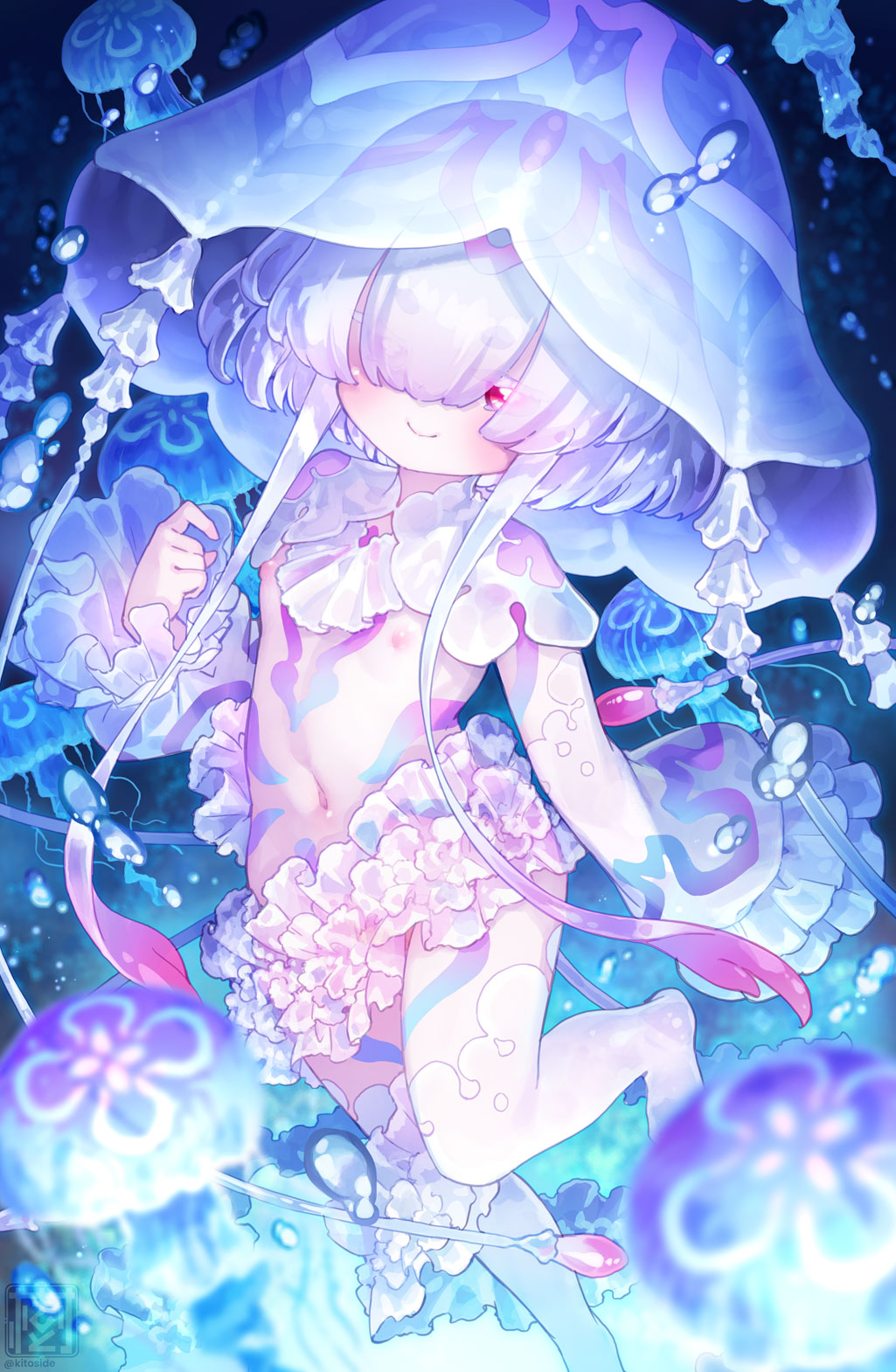 kito (sorahate), original, commentary request, highres, 1girl, closed mouth, flat chest, gradient hair, grey hair, hair over one eye, jellyfish, multicolored hair, navel, nipples, purple hair, red eyes, short hair, short hair with long locks, sidelocks, smile, solo
