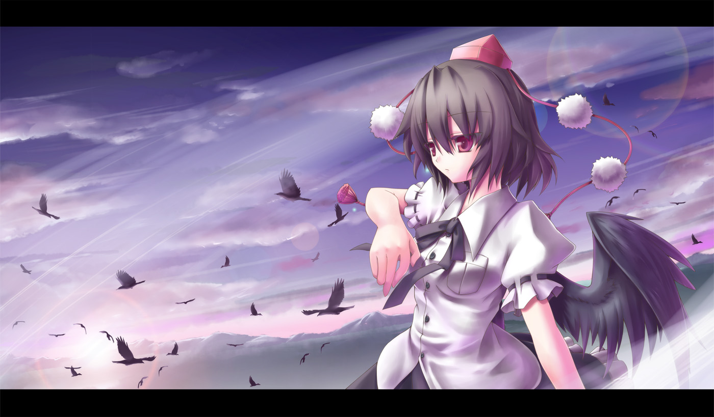 yosugara shou, shameimaru aya, shou, touhou, looking away, 1girl, bird, black hair, black wings, expressionless, female focus, hat, lens flare, letterboxed, red eyes, short hair, solo, wings