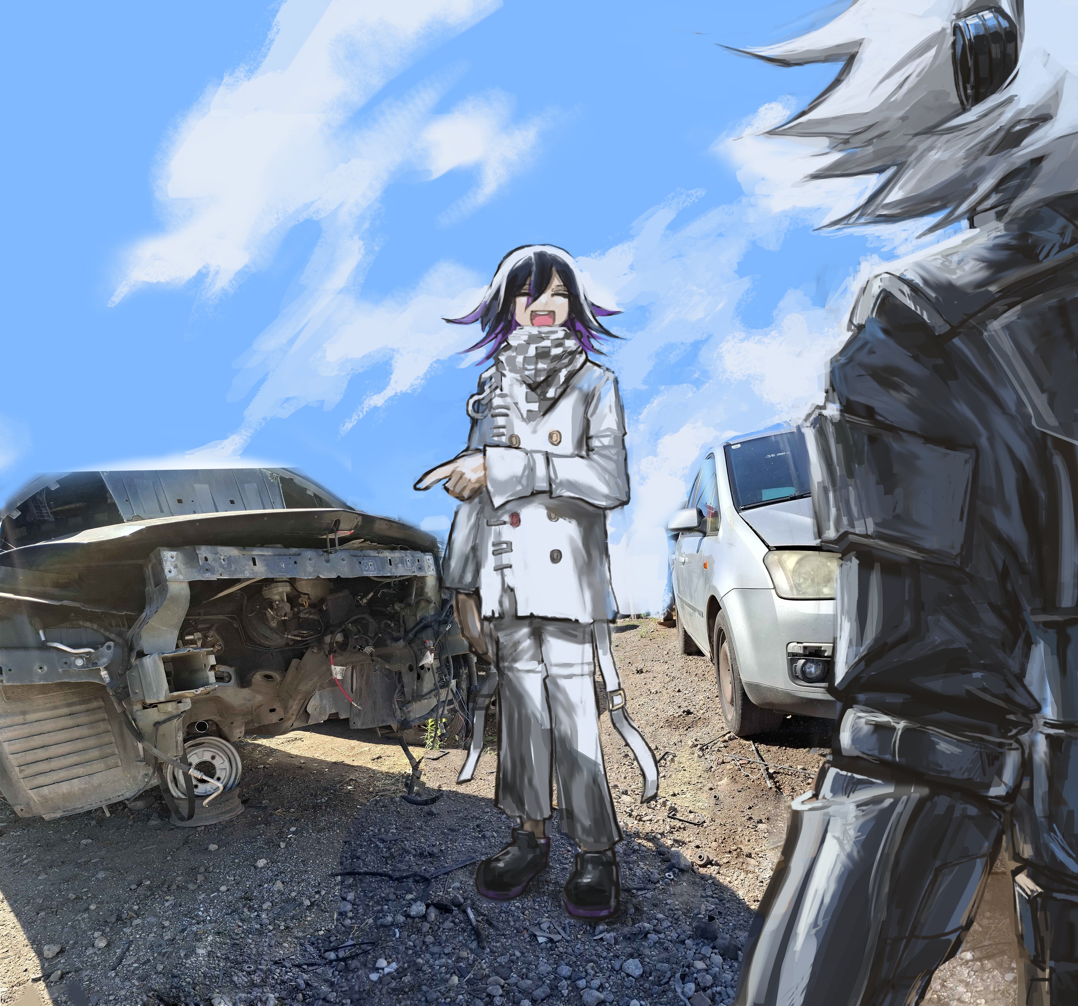 snoozaga, k1-b0, oma kokichi, danganronpa (series), danganronpa v3: killing harmony, absurdres, commentary, english commentary, highres, 2boys, android, armor, black hair, blue sky, buttons, car, checkered clothes, checkered scarf, closed eyes, cloud, flipped hair, hair between eyes, happy, long sleeves, male focus, medium hair, motor vehicle, multicolored buttons, multiple boys, open mouth, outdoors, pants, photo background, pointing, pointing to the side, power armor, purple hair, robot ears, scarf, shadow, short hair, sky, smile, thigh strap, two-tone scarf, white hair