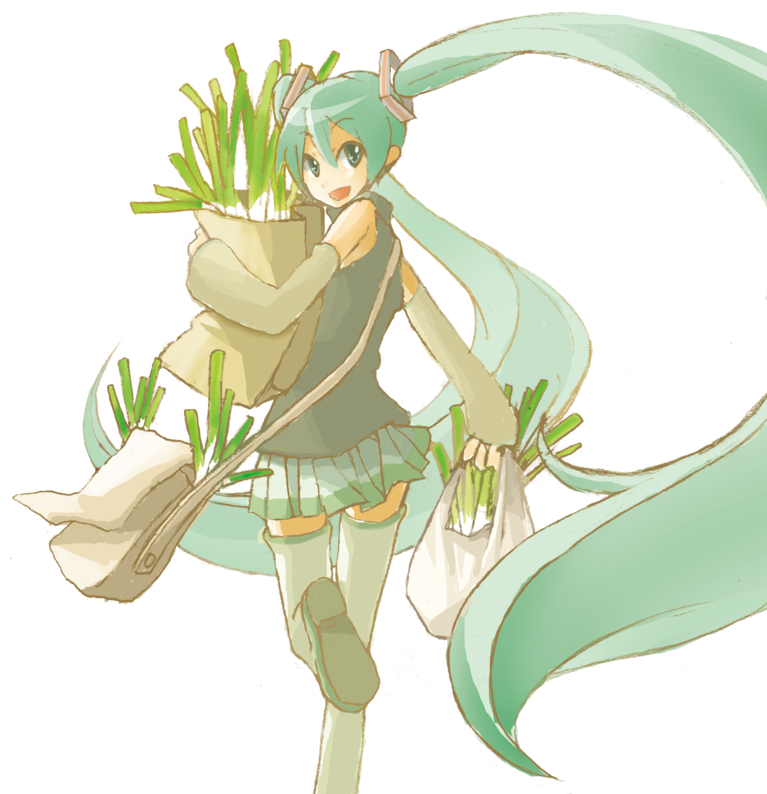 hima (pixiv464374), nyakki21, hatsune miku, vocaloid, highres, 1girl, aqua eyes, aqua hair, bag, detached sleeves, female focus, long hair, looking back, paper bag, shopping bag, skirt, solo, spring onion, thighhighs, twintails, very long hair