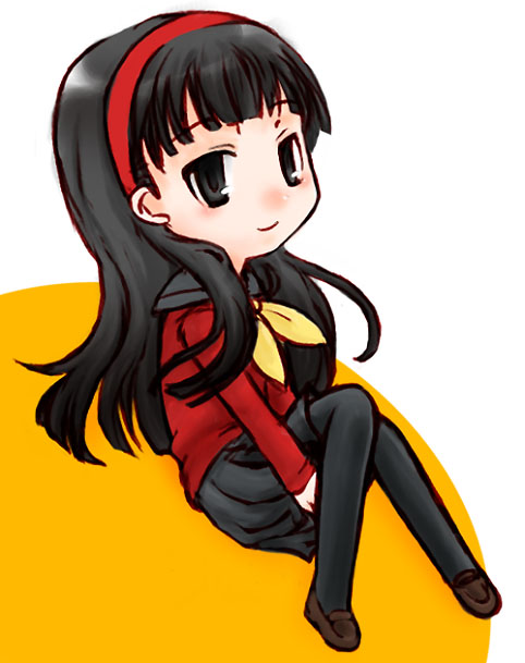 mukashi, amagi yukiko, atlus, persona, persona 4, 1girl, black pantyhose, black skirt, blunt bangs, female focus, long hair, looking at viewer, neckerchief, pantyhose, pleated skirt, sailor collar, sidelocks, simple background, skirt, solo, very long hair, white background