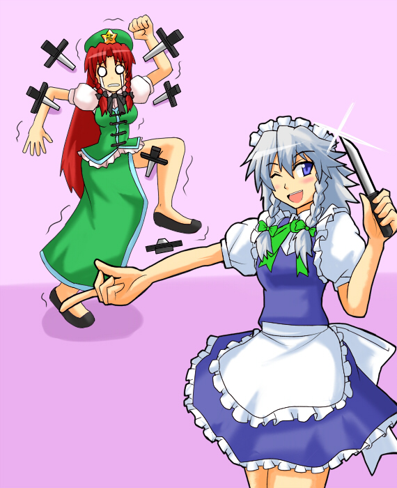 harukatron, hong meiling, izayoi sakuya, embodiment of scarlet devil, touhou, silver hair, 2girls, blue eyes, breasts, female focus, hairband, hat, knife, long hair, maid, multiple girls, red hair, ribbon, short hair, skirt, tears, throwing knife, weapon