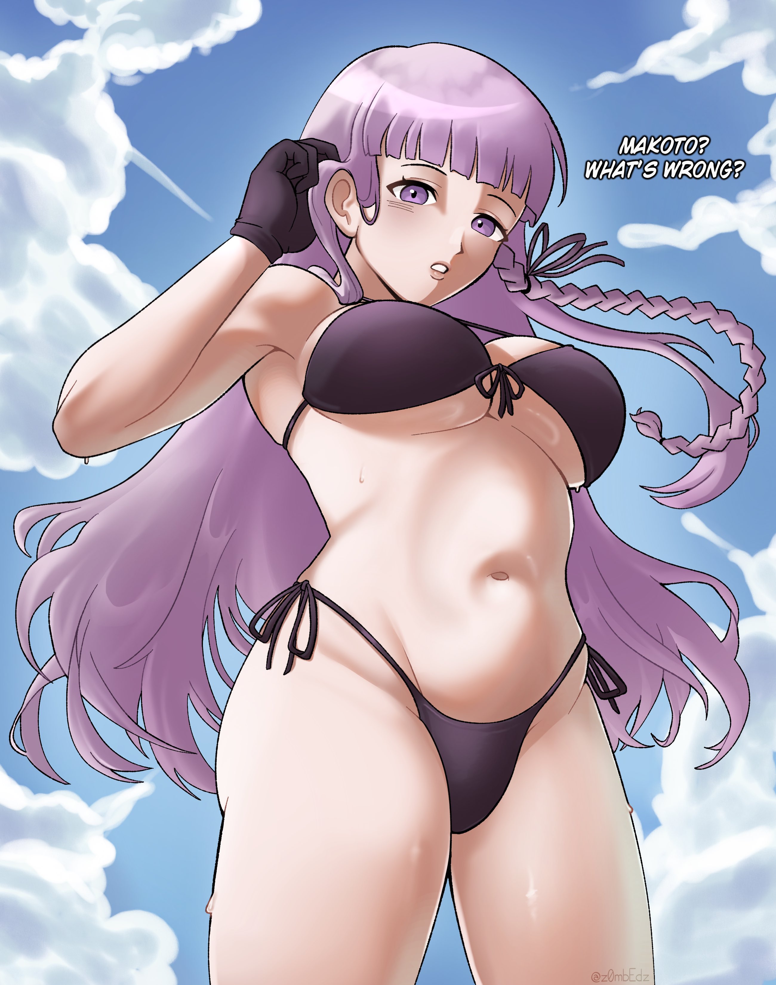 kirigiri kyoko, danganronpa: trigger happy havoc, danganronpa (series), absurdres, highres, 1girl, black ribbon, blue sky, braid, breasts, cloud, day, eddiemeowss, from below, gloves, hair ribbon, large breasts, long hair, navel, pink eyes, pink hair, ribbon, shiny skin, side braid, sky, solo, stomach, sweat, teeth