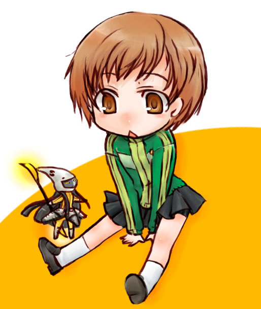 mukashi, filly erhard, satonaka chie, atlus, persona, persona 4, 1girl, :o, black skirt, blush, brown eyes, chibi, creature, female focus, jacket, kneehighs, loafers, long sleeves, miniskirt, open mouth, pleated skirt, shoes, short hair, skirt, socks, solo, track jacket, triangle mouth, white socks