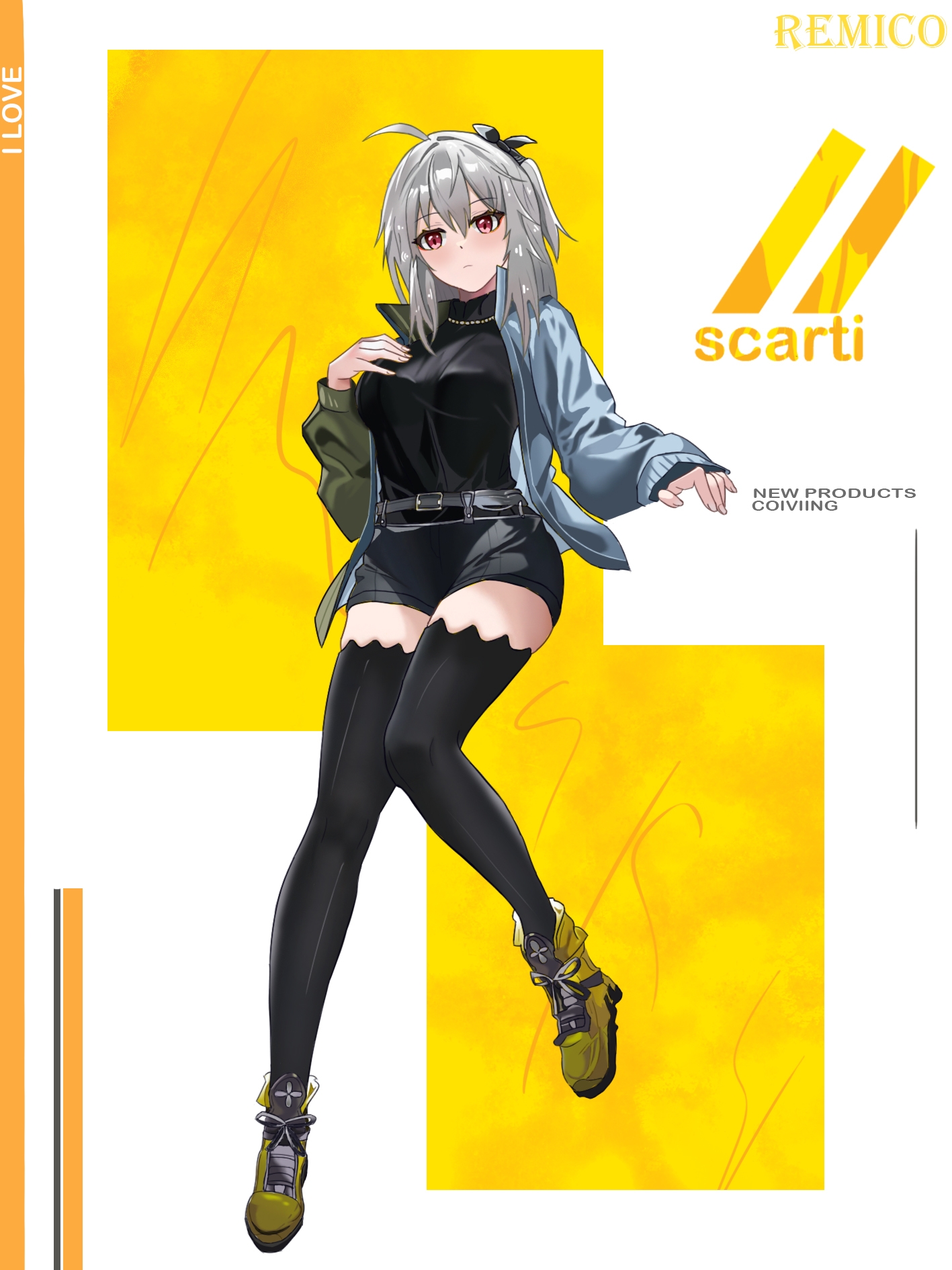 skadi (arknights), skadi (the next afternoon tea) (arknights), arknights, chinese commentary, commentary request, highres, 1girl, ahoge, ankle boots, artist name, belt, black belt, black shorts, black sweater, black thighhighs, boots, breast suppress, breasts, closed mouth, full body, grey hair, grey jacket, hair between eyes, jacket, knees together feet apart, light blush, medium breasts, medium hair, official alternate costume, open clothes, open jacket, red eyes, remico. (xinjinjumin0869167), short shorts, shorts, solo, sweater, thighhighs, turtleneck, turtleneck sweater, yellow boots, zettai ryouiki