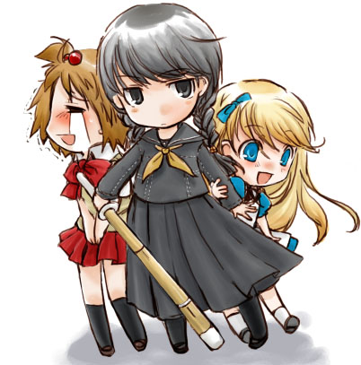 mukashi, hanamura yousuke, kuma (persona 4), narukami yu, atlus, persona, persona 4, lowres, 3boys, chibi, crossdressing, crossdressing (mtf), full body, male focus, multiple boys, pantyhose, school uniform, serafuku, simple background, socks, trap, white background