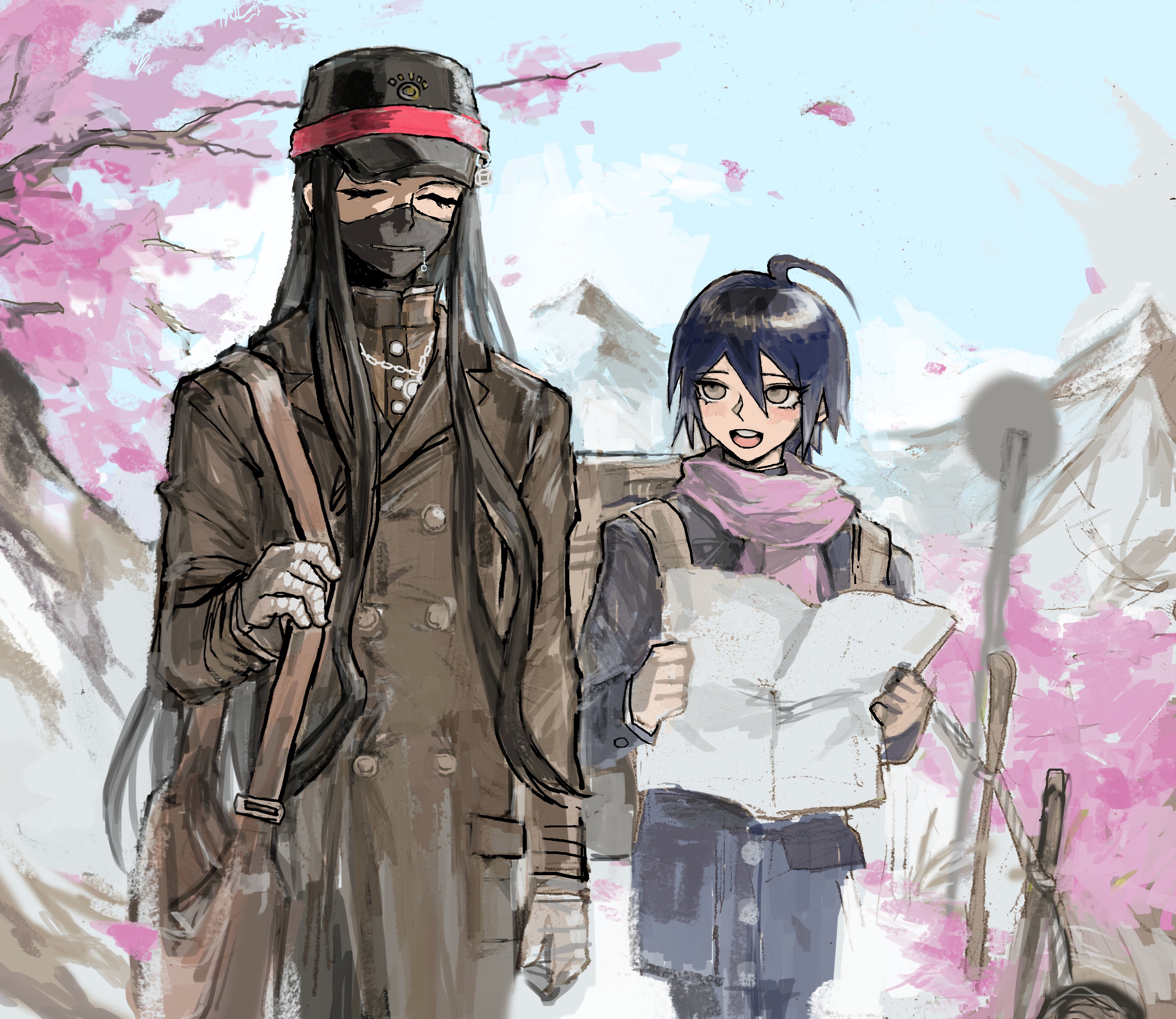 snoozaga, saihara shuichi, shinguji korekiyo, danganronpa (series), danganronpa v3: killing harmony, absurdres, commentary, english commentary, highres, 2boys, ahoge, backpack, bag, bandaged hand, bandages, black coat, black hair, black mask, blue sky, blush, branch, brown coat, brown eyes, cherry blossoms, closed eyes, coat, covered mouth, eyelashes, gakuran, hair between eyes, hat, height difference, holding, holding map, jacket, long hair, long sleeves, male focus, map, mask, messenger bag, mountain, mouth mask, multiple boys, open mouth, outdoors, pants, pink scarf, scarf, school uniform, short hair, shoulder bag, sky, smile, spring (season), teeth, tree, upper body, upper teeth only, walking