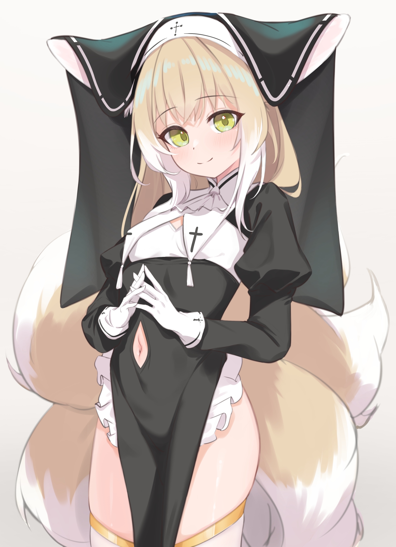 yakurope-moko, suzuran (arknights), arknights, commentary request, highres, paid reward available, variant set, 1girl, alternate costume, blonde hair, breasts, closed mouth, clothing cutout, cowboy shot, fox tail, gloves, interlocked fingers, long sleeves, looking at viewer, multiple tails, navel, navel cutout, nun, own hands clasped, own hands together, pelvic curtain, simple background, small breasts, smile, solo, tail, tareme, thighhighs, white background, white gloves, white thighhighs