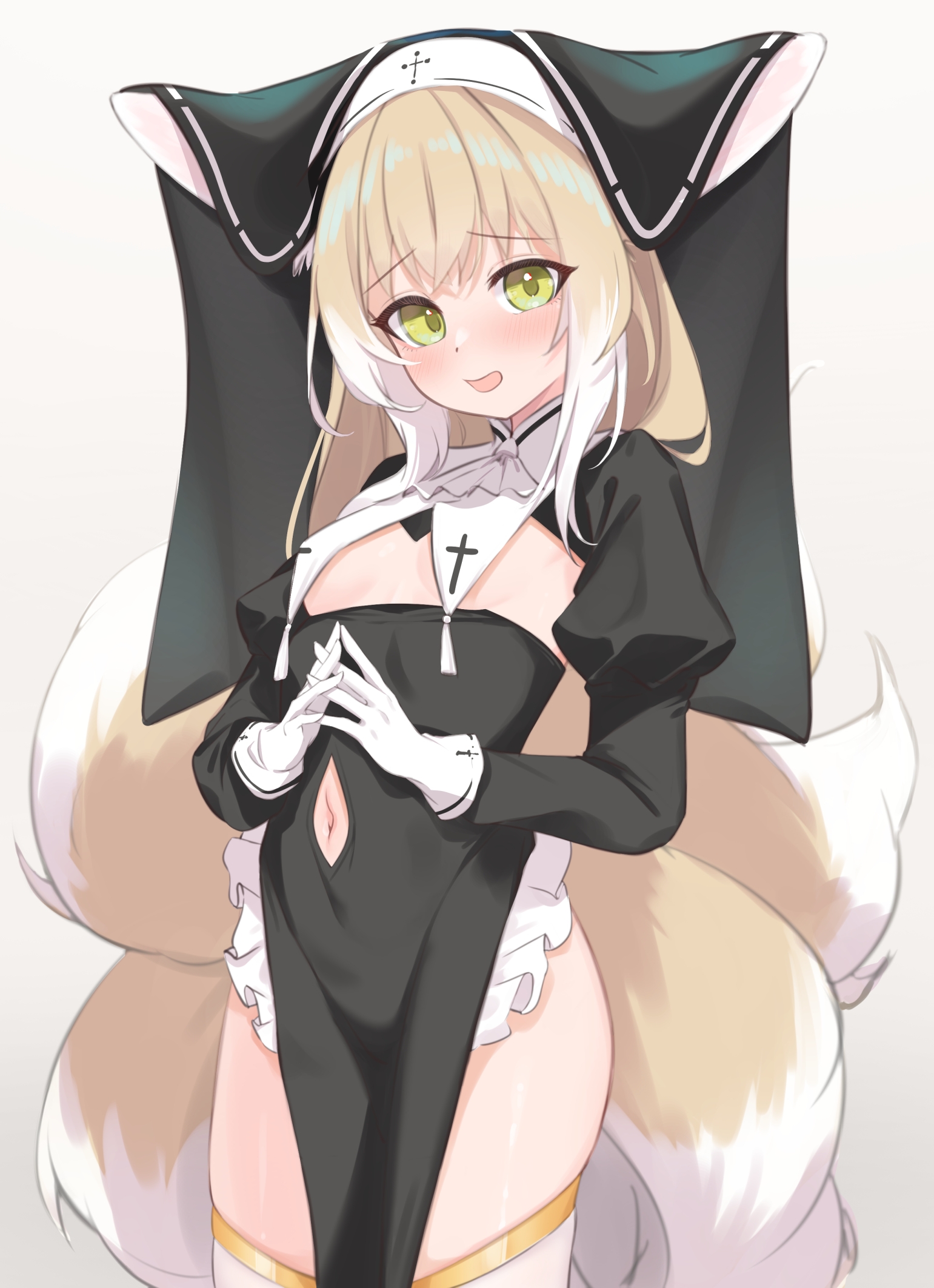 yakurope-moko, suzuran (arknights), arknights, commentary request, highres, paid reward available, variant set, 1girl, alternate costume, blonde hair, blush, breasts, clothing cutout, cowboy shot, fox tail, furrowed brow, gloves, interlocked fingers, long sleeves, looking at viewer, multiple tails, navel, navel cutout, no bra, nun, open mouth, own hands clasped, own hands together, pelvic curtain, simple background, small breasts, smile, solo, tail, tareme, thighhighs, white background, white gloves, white thighhighs