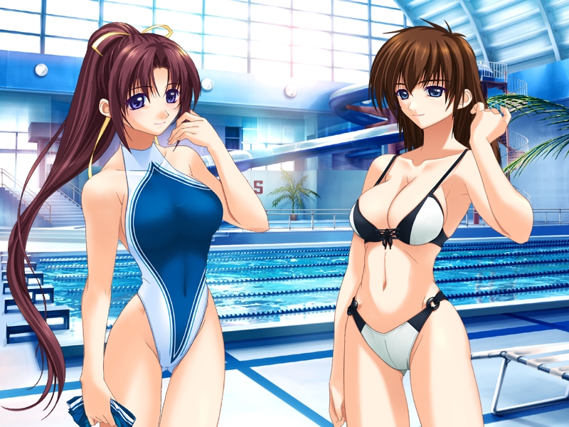 shinonome kazuhiko, hirasawa kazumi, kirishima mizuki, aneimo, highleg swimsuit, game cg, non-web source, 00s, 2girls, adjusting hair, bikini, blue eyes, breasts, brown hair, chair, cleavage, competition swimsuit, cowboy shot, highleg, indoors, lane line, large breasts, long hair, lounge chair, multiple girls, one-piece swimsuit, ponytail, pool, pool ladder, poolside, purple hair, railing, stairs, standing, sunlight, swimsuit, thigh gap, very long hair, water, water slide, window