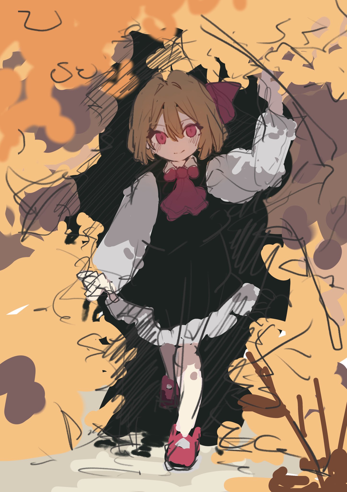 garasuno, rumia, touhou, highres, 1girl, ascot, autumn leaves, black dress, blonde hair, bow, bush, dress, full body, hair bow, leaf, looking at viewer, red ascot, red bow, red eyes, red shoes, shoes, short hair, sketch, solo
