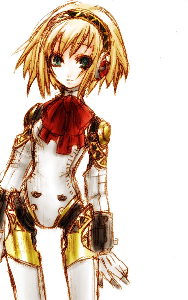 mukashi, aigis (persona), atlus, persona, persona 3, 1girl, android, blonde hair, bow, female focus, green eyes, ribbon, simple background, solo