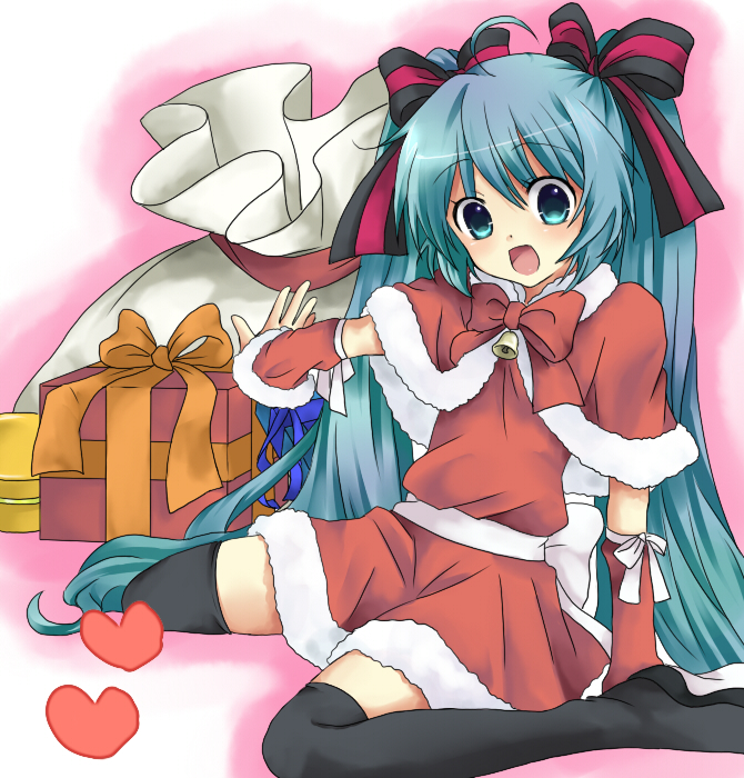 etou (cherry7), etou (pixiv446888), hatsune miku, vocaloid, bad id, bad pixiv id, 1girl, aqua eyes, aqua hair, bag, christmas, detached sleeves, female focus, gift, hair ribbon, long hair, ribbon, sack, santa costume, sitting, solo, thighhighs, twintails, very long hair