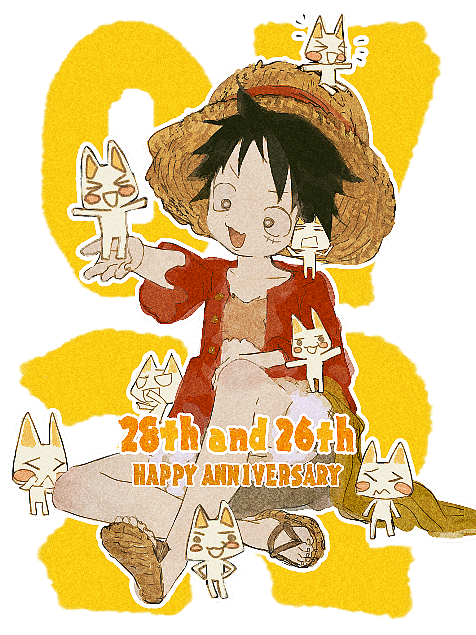 leirion5, inoue toro, monkey d. luffy, doko demo issho, one piece, highres, > <, 1boy, anniversary, black hair, cat, collarbone, fang, hat, jacket, male focus, open mouth, red jacket, sandals, scar, scar on face, short hair, sitting, skin fang, straw hat, white cat