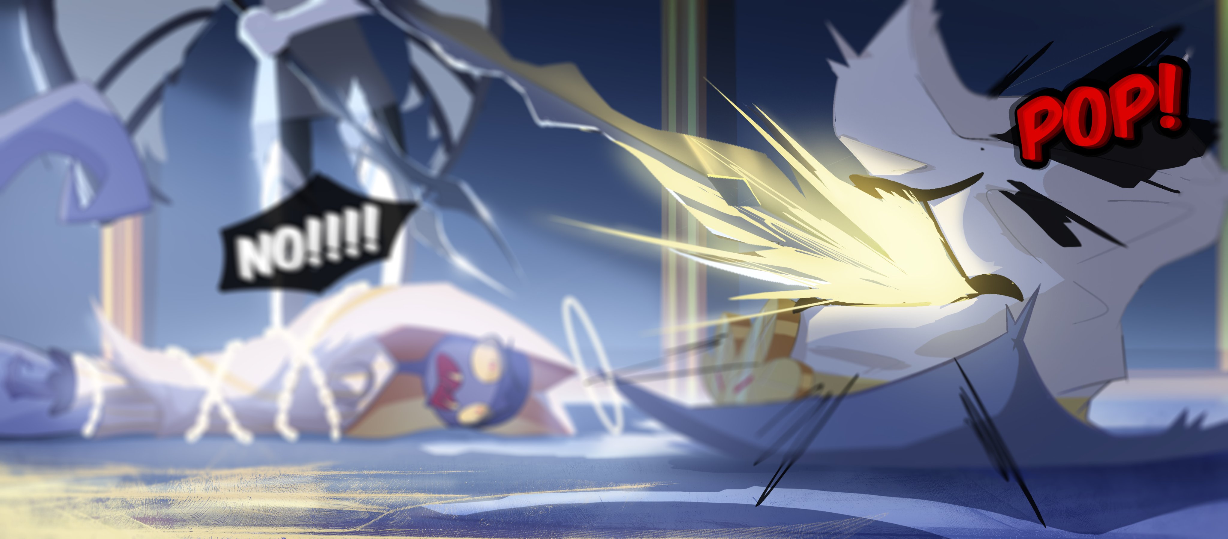 grimmie02, sir pentious, hazbin hotel, hellaverse, absurdres, commentary, english commentary, highres, 1boy, 1girl, angel, attack, black skin, blurry, blurry background, chain, colored skin, fangs, halo, hat, lamia, monster girl, polearm, restrained, spear, teeth, top hat, weapon, white hat, yellow eyes