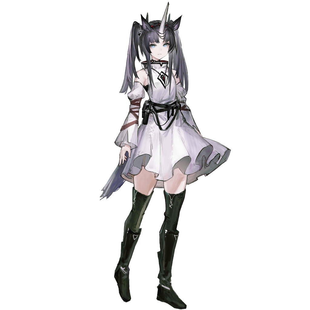 clovisia (arknights), arknights, official art, third-party source, 1girl, animal ears, black boots, black hair, black thighhighs, blue eyes, boots, detached sleeves, dress, full body, horns, horse ears, horse tail, juliet sleeves, long sleeves, m9nokuro, puffy sleeves, simple background, single horn, solo, standing, tachi-e, tail, thighhighs, transparent background, twintails, unicorn girl, unicorn horn, white dress