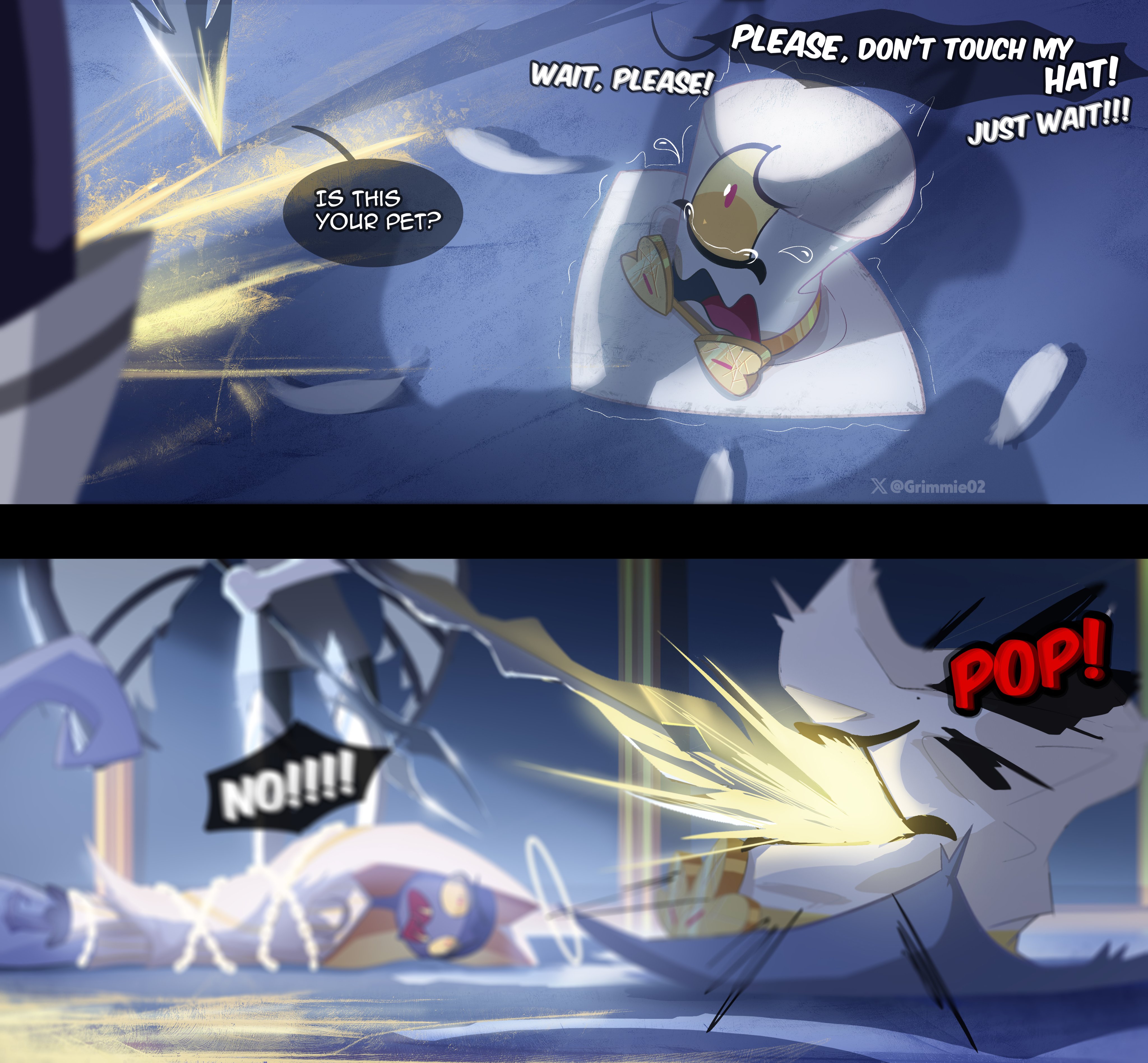 grimmie02, sir pentious, hazbin hotel, hellaverse, absurdres, commentary, english commentary, highres, 1boy, 1girl, angel, artist name, attack, black skin, blurry, blurry background, boots, chain, colored skin, fangs, halo, hat, heart, holding, holding polearm, holding weapon, horns, lamia, monster girl, open mouth, polearm, restrained, shadow, spear, tearing up, teeth, top hat, trembling, weapon, white boots, white hat, yellow blood, yellow eyes