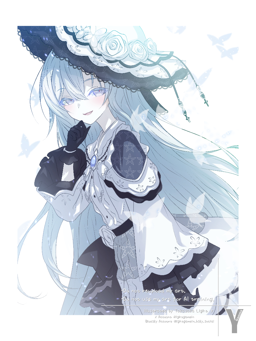 takasaka light, mahou shoujo no majo saiban, commentary request, spoilers, 1girl, black gloves, blue eyes, border, bug, butterfly, cowboy shot, dress, flower, frilled dress, frilled sleeves, frills, gloves, hair between eyes, hand up, hat, hat flower, insect, long hair, long sleeves, looking at viewer, magical girl, open mouth, pale skin, smile, solo, standing, tsukishiro yuki, white background, white border, white dress, white flower, white hair, white hat