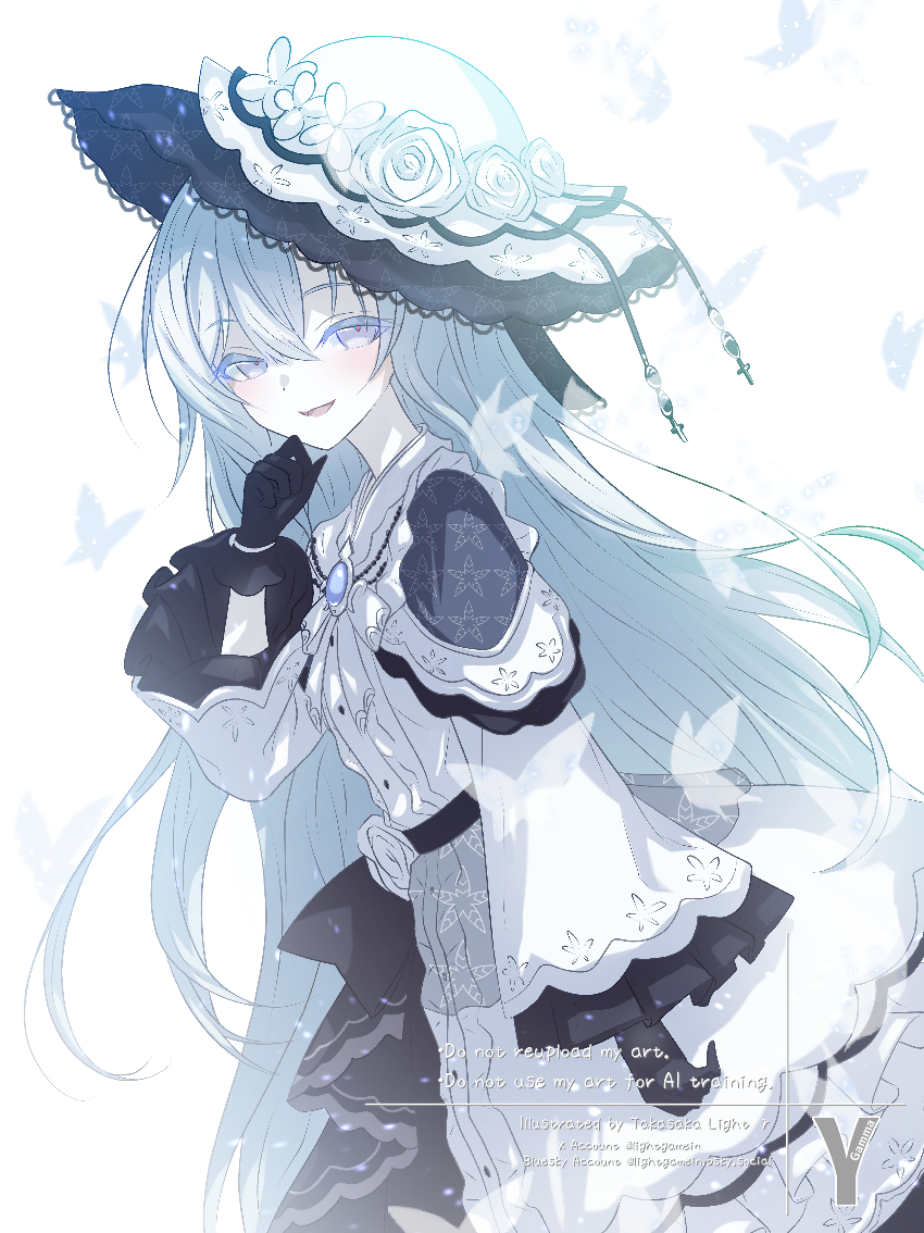 takasaka light, mahou shoujo no majo saiban, commentary request, spoilers, 1girl, black gloves, blue eyes, bug, butterfly, cowboy shot, dress, flower, frilled dress, frilled sleeves, frills, gloves, hair between eyes, hand up, hat, hat flower, insect, long hair, long sleeves, looking at viewer, magical girl, open mouth, pale skin, smile, solo, standing, tsukishiro yuki, white background, white dress, white flower, white hair, white hat