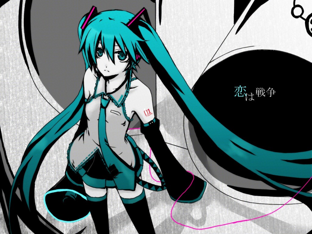 akatsuki yakyou, hatsune miku, koi wa sensou (vocaloid), vocaloid, bad id, bad pixiv id, aqua eyes, aqua hair, detached sleeves, long hair, megaphone, necktie, pale skin, skirt, solo, thighhighs, twintails, very long hair, zettai ryouiki