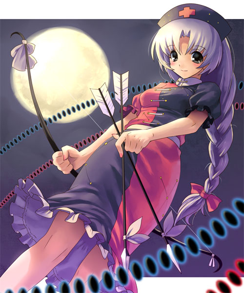 katahira masashi, yagokoro eirin, touhou, 1girl, arrow (projectile), bow (weapon), braid, danmaku, dress, female focus, from below, full moon, hat, long hair, looking at viewer, low-tied long hair, moon, nail polish, pencil skirt, short sleeves, single braid, skirt, smile, solo, two-tone dress, weapon, white hair