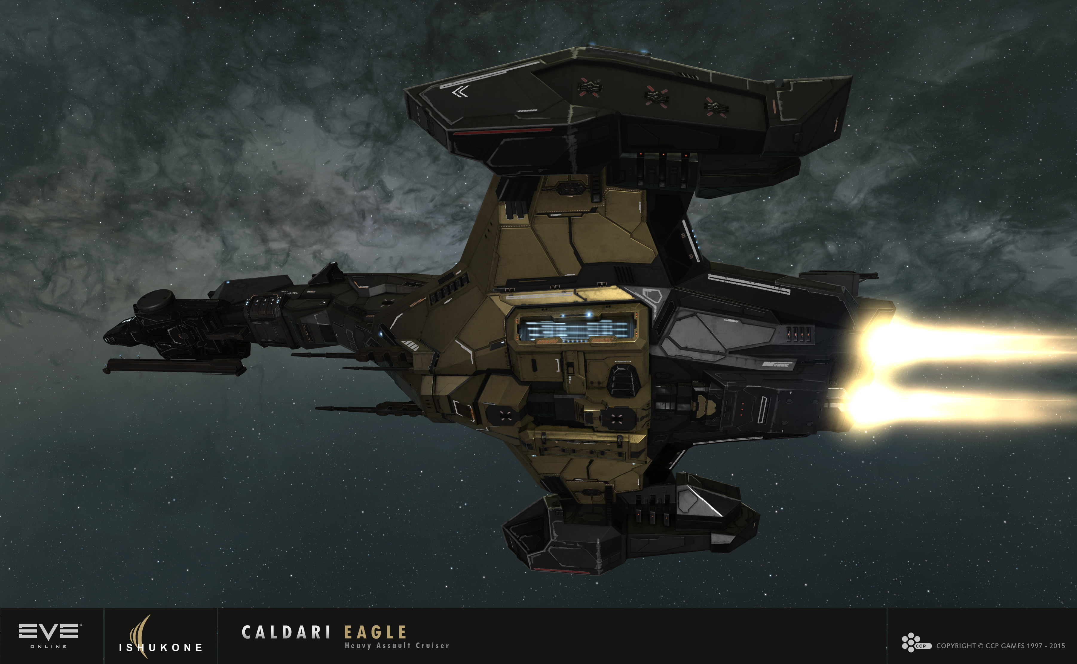 eve online, absurdres, commentary, english commentary, highres, maya (medium), official art, photoshop (medium), 3d, advanced ship (eve online), assault ship (eve online), caldari state (eve online), cloud, combat ship (eve online), company logo, company name, copyright logo, copyright name, cruiser (eve online), dated, emblem, english text, fire, flying, glowing, grey background, hangar, ishukone corporation (eve online), logo, military vehicle, moa (eve online), no humans, outdoors, radio antenna, realistic, science fiction, space, spacecraft, star (sky), starry sky background, tech 2 ship (eve online), thrusters, vehicle focus, ymir jonsson
