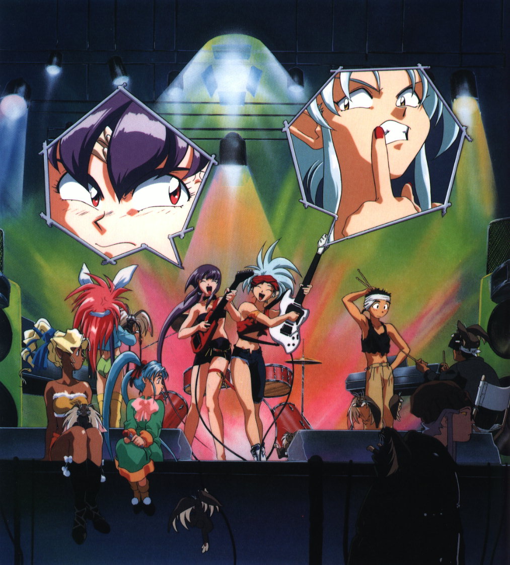 hakubi washuu, kagato, kuramitsu mihoshi, masaki aeka jurai, masaki sasami jurai, masaki tenchi, ryou-ouki, ryouko (tenchi muyou!), tenchi muyou!, silver hair, scan, scan artifacts, 1990s (style), 3boys, 5girls, animal ears, black eyes, black hair, blonde hair, blue hair, guitar, instrument, keyboard, keyboard (instrument), long hair, microphone, middle finger, mother and daughter, multiple boys, multiple girls, purple hair, rabbit ears, red eyes, red hair, retro artstyle, spiked hair, synthesizer, twintails, yellow eyes