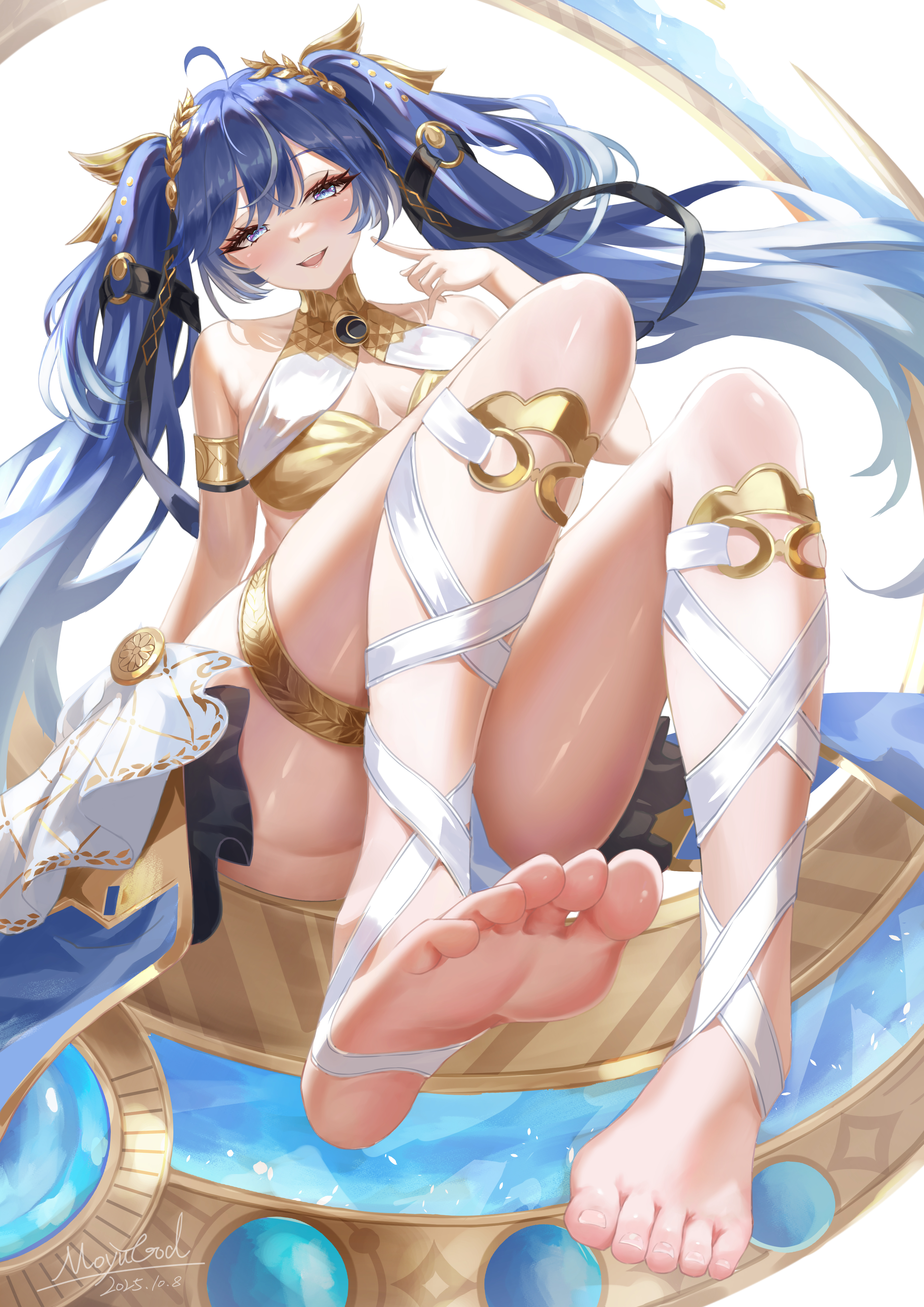 az (moyugod), iuno (wuthering waves), wuthering waves, absurdres, commentary, highres, symbol-only commentary, 1girl, ahoge, armlet, bare shoulders, barefoot, blue eyes, blue hair, blush, breasts, dated, feet, full body, gold bra, gradient hair, hair belt, hand up, index finger raised, jewelry, large breasts, laurel crown, leg wrap, long hair, looking at viewer, multicolored hair, open mouth, pointing, pointing at self, signature, sitting, smile, soles, solo, streaked hair, thighlet, thighs, toes, twintails, very long hair