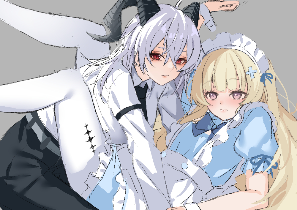 kuramoto beta-carotene, phoebe (wuthering waves), zani (wuthering waves), wuthering waves, commentary request, 2girls, alternate costume, apron, black horns, black necktie, black pants, blonde hair, blue dress, blush, closed mouth, curled horns, dress, enmaided, grey background, hair between eyes, hair ornament, horns, long hair, looking at viewer, maid, maid headdress, multiple girls, necktie, pants, pantyhose, parted lips, purple eyes, red eyes, shirt, shirt tucked in, simple background, tacet mark (wuthering waves), white hair, white pantyhose, white shirt, x hair ornament, yuri