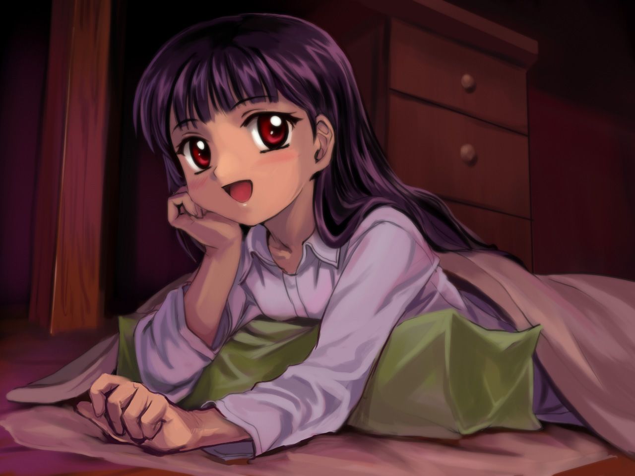 mutsuki (moonknives), li meiling, cardcaptor sakura, 1girl, alternate hairstyle, blanket, blush, child, female focus, hair down, head rest, long hair, open mouth, pajamas, purple hair, red eyes, solo, under covers