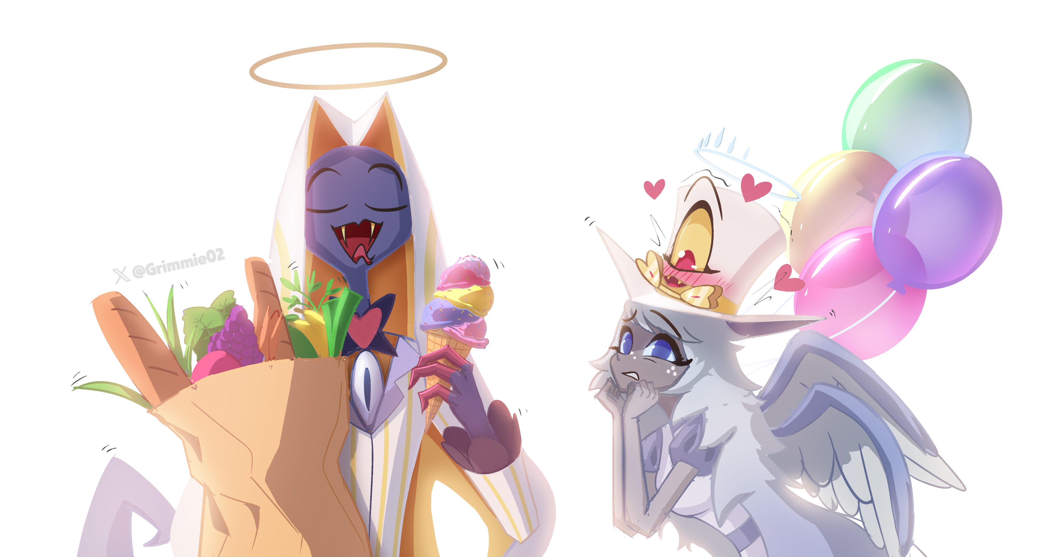grimmie02, emily (hazbin hotel), sir pentious, hazbin hotel, hellaverse, absurdres, commentary, english commentary, highres, 1boy, 1girl, angel wings, artist name, bag, baguette, balloon, black skin, blonde hair, blue eyes, bread, closed eyes, colored skin, fangs, flower, food, halo, hat, heart, holding, holding bag, ice cream, jacket, long hair, long sleeves, puffy short sleeves, puffy sleeves, red eyes, short sleeves, simple background, smile, striped clothes, striped jacket, teeth, tongue, tongue out, top hat, white background, white hair, white hat, wings