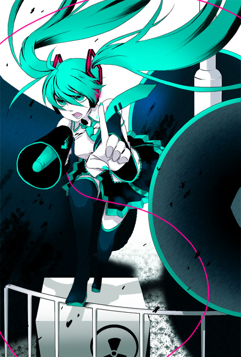 maru (pixiv471704), maru (sw1tch), hatsune miku, koi wa sensou (vocaloid), vocaloid, 1girl, aqua eyes, aqua hair, detached sleeves, female focus, long hair, megaphone, necktie, pointing, skirt, solo, thighhighs, twintails, very long hair