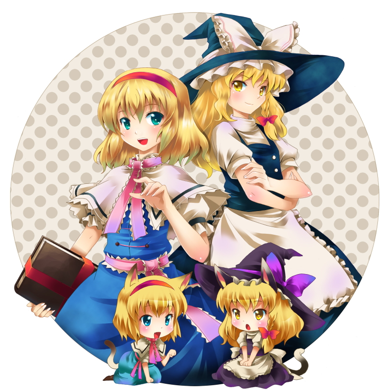 michii yuuki, alice margatroid, kirisame marisa, touhou, bad id, bad pixiv id, 2girls, animal ears, blonde hair, blue eyes, blush, book, cat ears, cat girl, cat tail, chibi, dress, female focus, hairband, hat, long hair, multiple girls, multiple views, outside border, ribbon, round image, short hair, tail, witch, yellow eyes