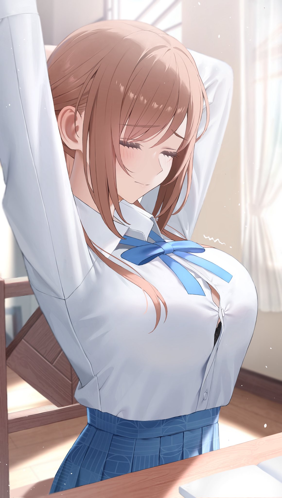hibimaru, himesaki rinami, gakuen idolmaster, idolmaster, highres, arms behind head, blue ribbon, brown hair, button gap, collared shirt, long sleeves, ribbon, shirt, solo, stretching, white shirt